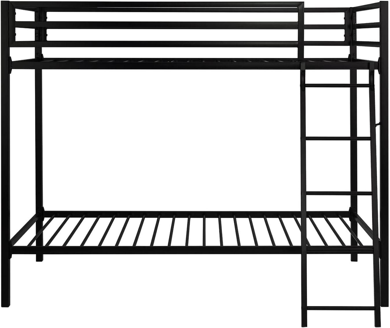 SHA CERLIN Black Twin Over Twin Metal Bunk Bed for Juniors, Industrial Frame with Inclined Stairs & Full-Length Guardrail