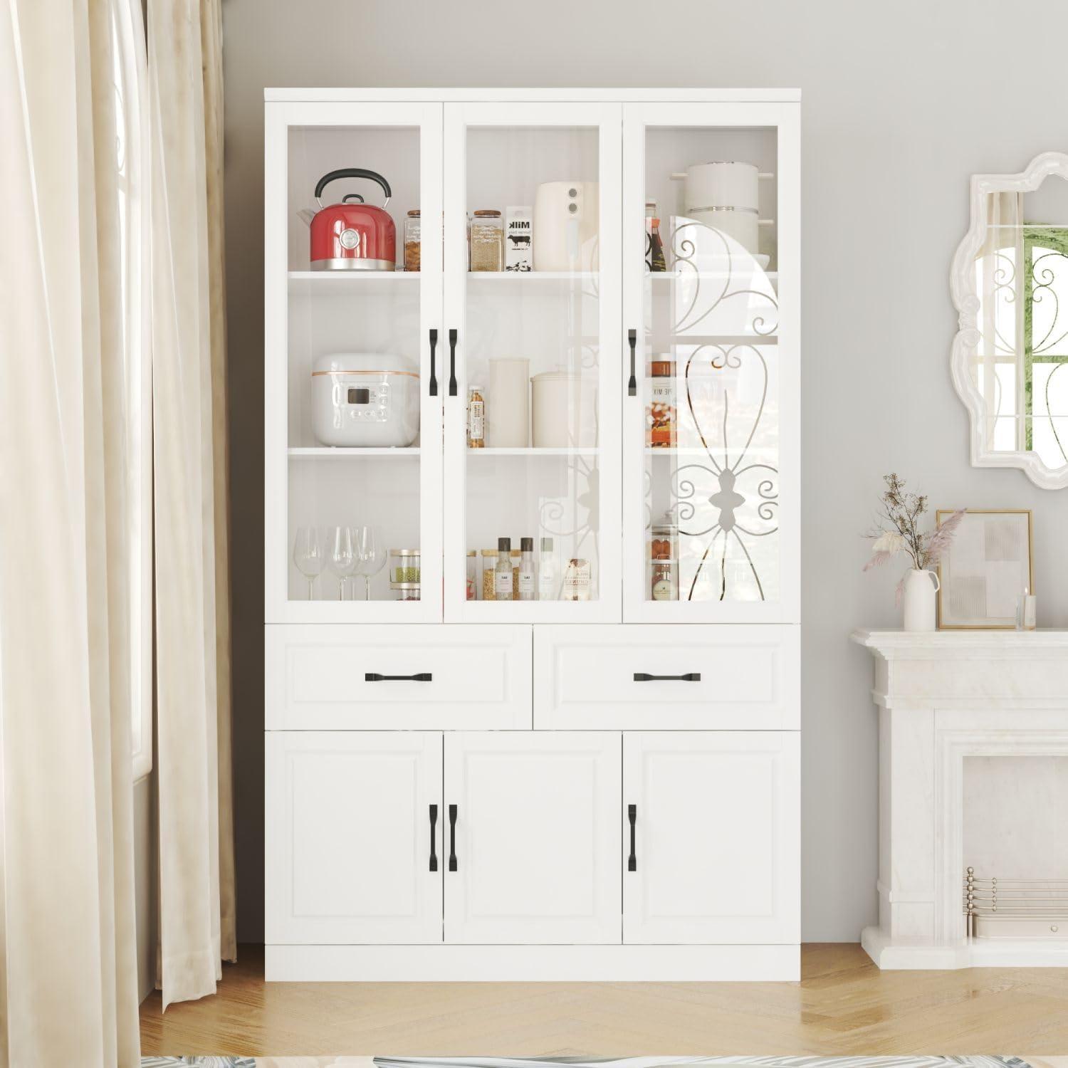 OXYLIFE 78.7" H Kitchen Pantry Cabinet, Display Storage Cabinet Cupboard with Open Shelves and Drawers, White,