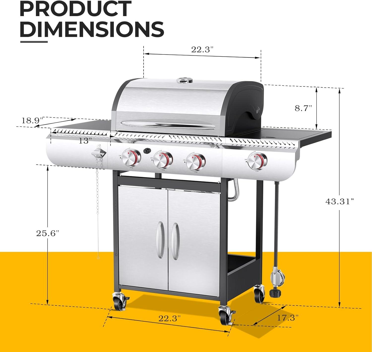 R.W.FLAME 4-Burner Propane Gas BBQ Grill with Side Burner & Cast iron grill net and baking pan, 42,000 BTU Stainless Steel Cabinet Style Propane Grill