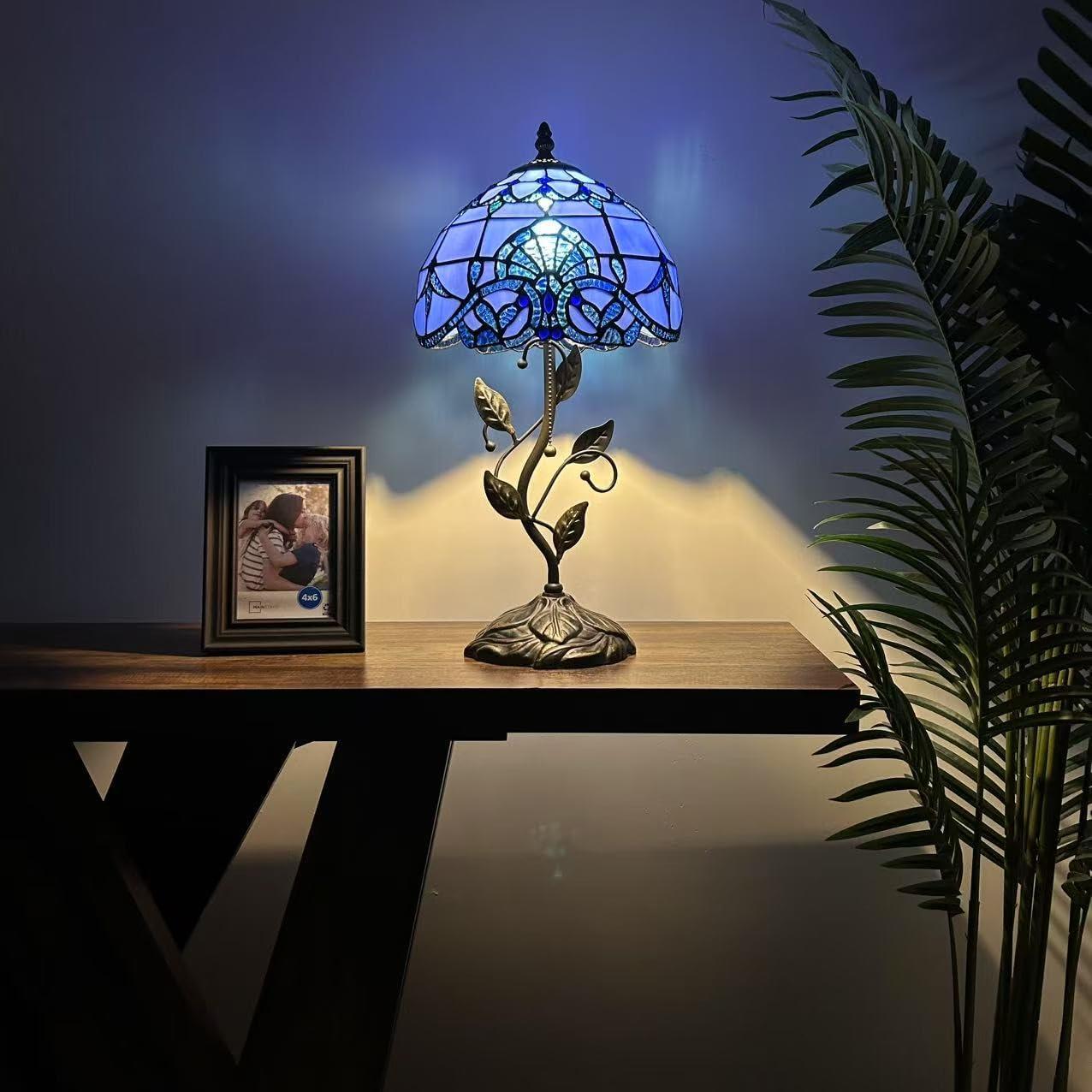 Tiffany Table Lamp Blue Stained Glass Baroque Style Lavender Iron Metal Leaves Bronze Base Included LED Bulb for Living Room Bedroom Bedside 10"W*10"D*20"H