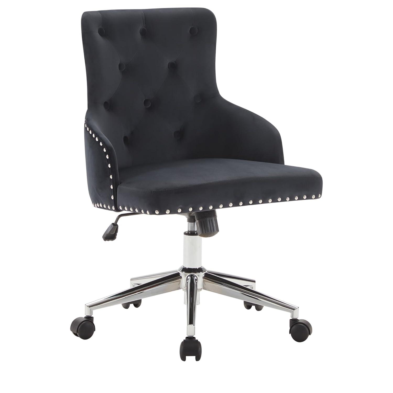 BELLEZE Belden Button-Tufted Upholstered Fabric Mid-Back Swivel Computer Desk Chair, Black & Gold