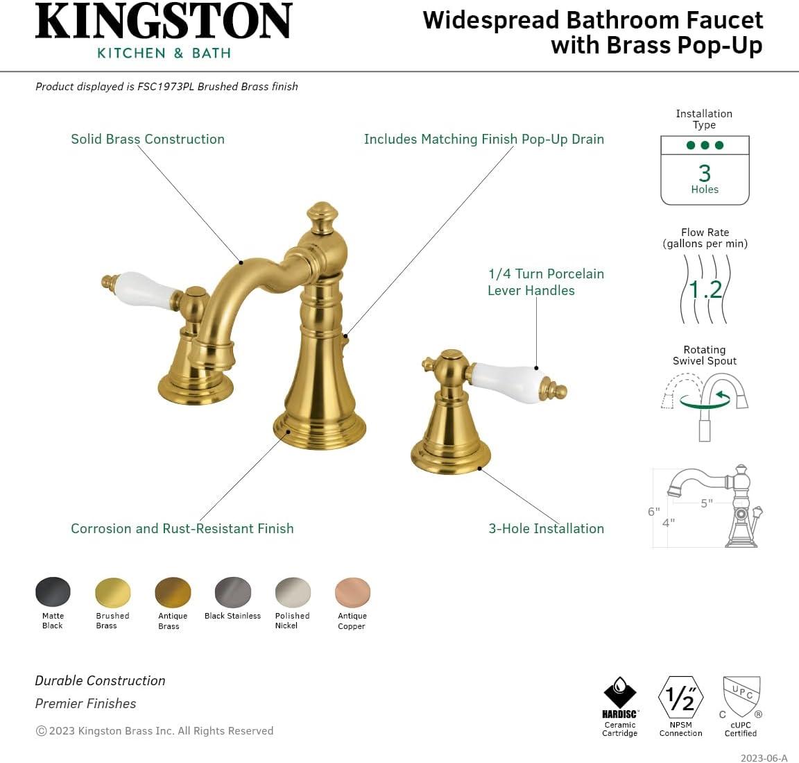 Kingston Brass English Classic Two-Handle 3-Hole Deck Mount Widespread Bathroom Faucet with Brass Pop-Up Drain