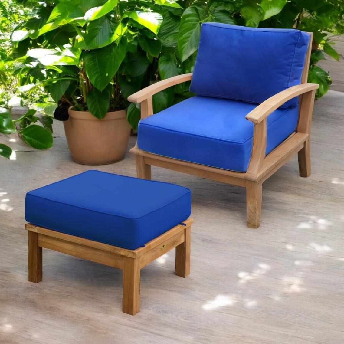 Navy Teak Outdoor Patio Ottoman with Cushion