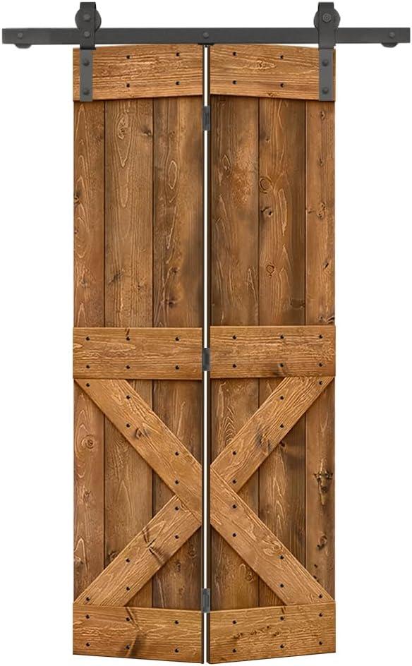 34 in. x 84 in. Mini X Series Walnut Stained DIY Wood Bi-Fold Barn Door with Sliding Hardware Kit
