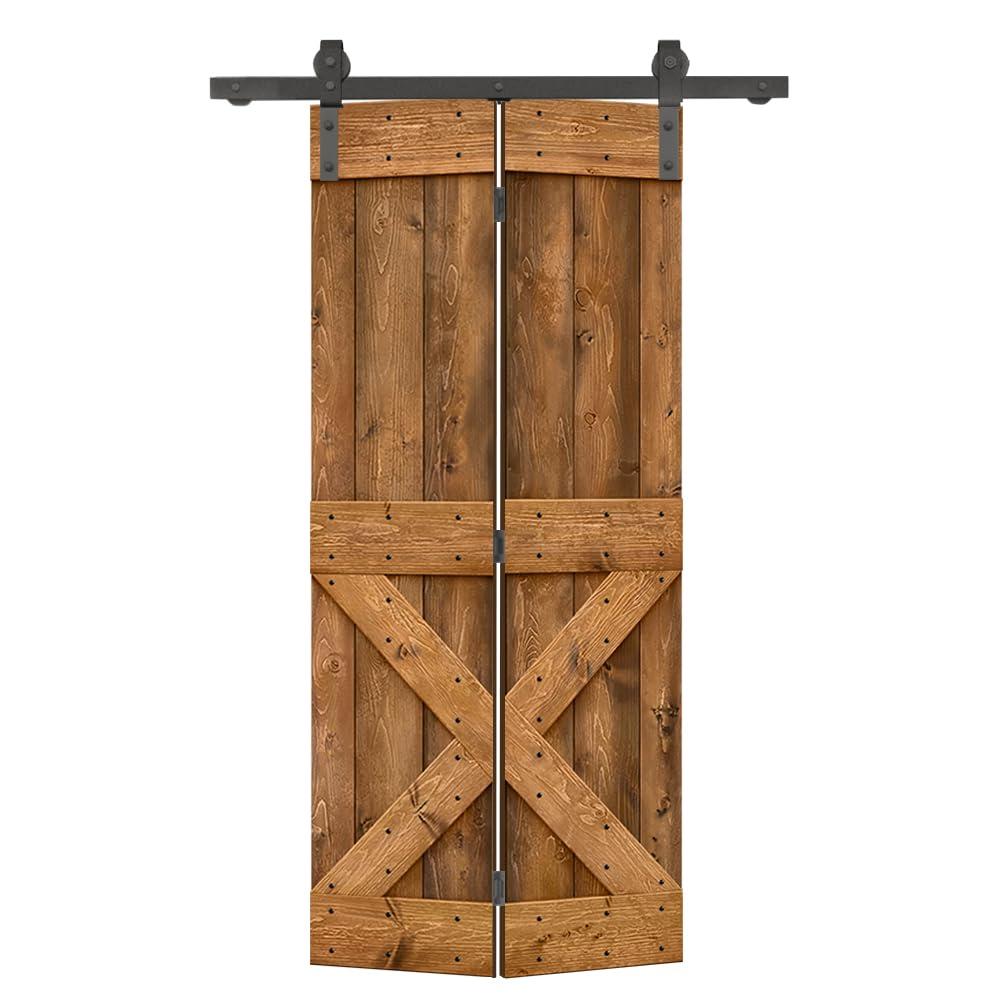 34 in. x 84 in. Mini X Series Walnut Stained DIY Wood Bi-Fold Barn Door with Sliding Hardware Kit