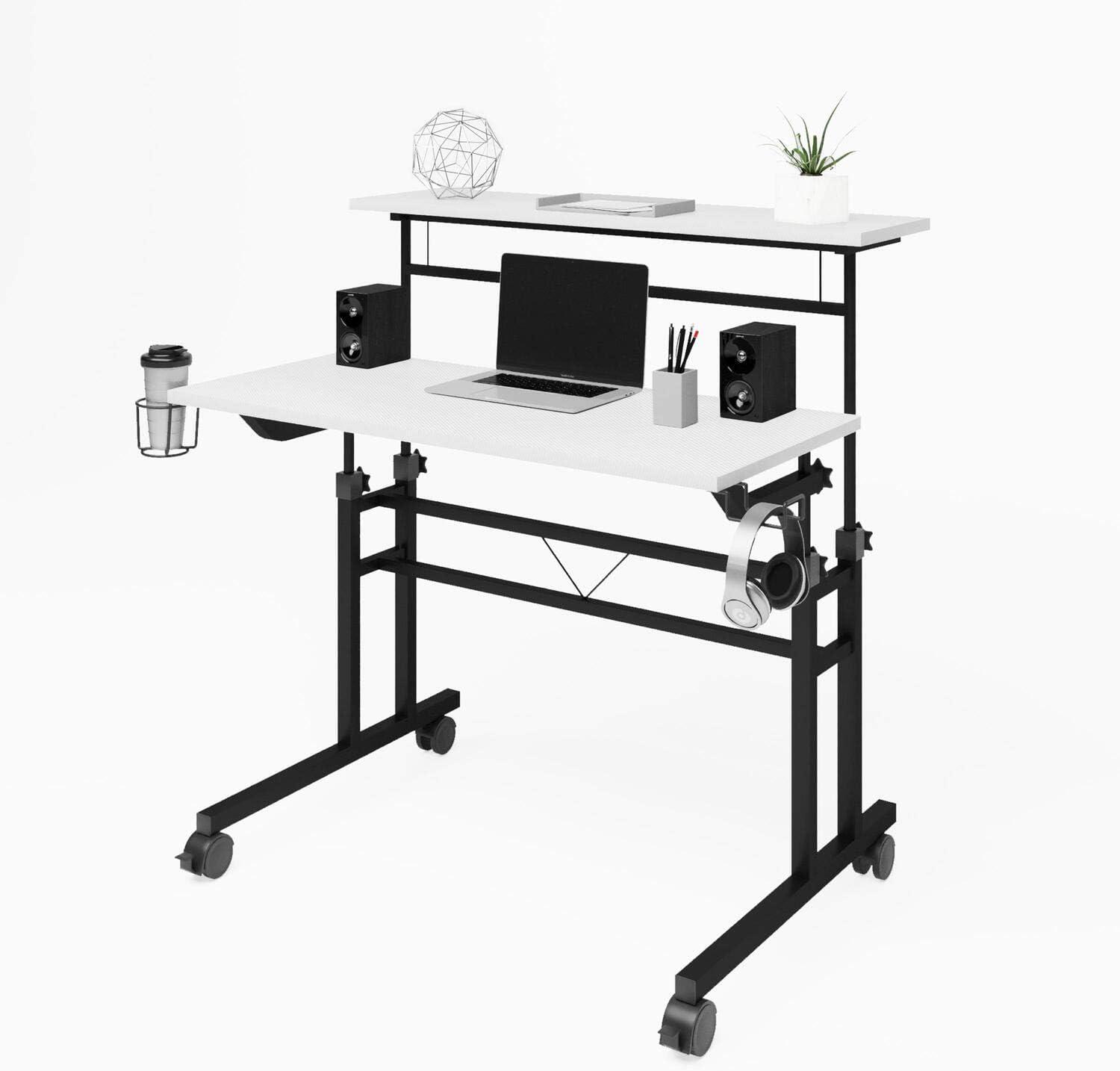 Rolling Writing Desk with Height Adjustable Desktop and Moveable Shelf White - Techni Mobili: Locking Casters, Open Storage
