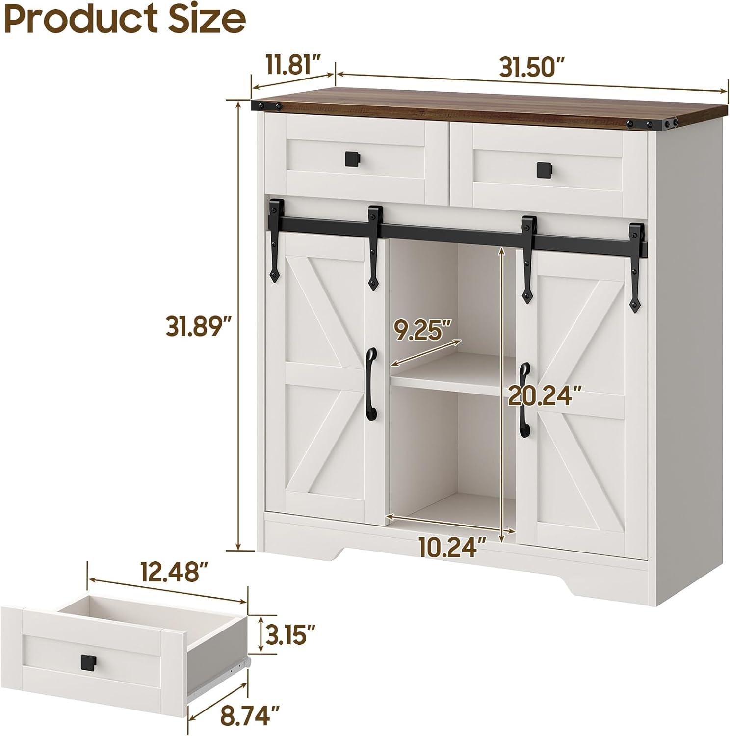 Farmhouse Storage Cabinet, Bathroom Cabinet with Sliding Barn Doors, Floor Storage Cabinet with Adjustable Shelves and 4 Drawers for Kitchen, Living Room, Dining Room, Modern White
