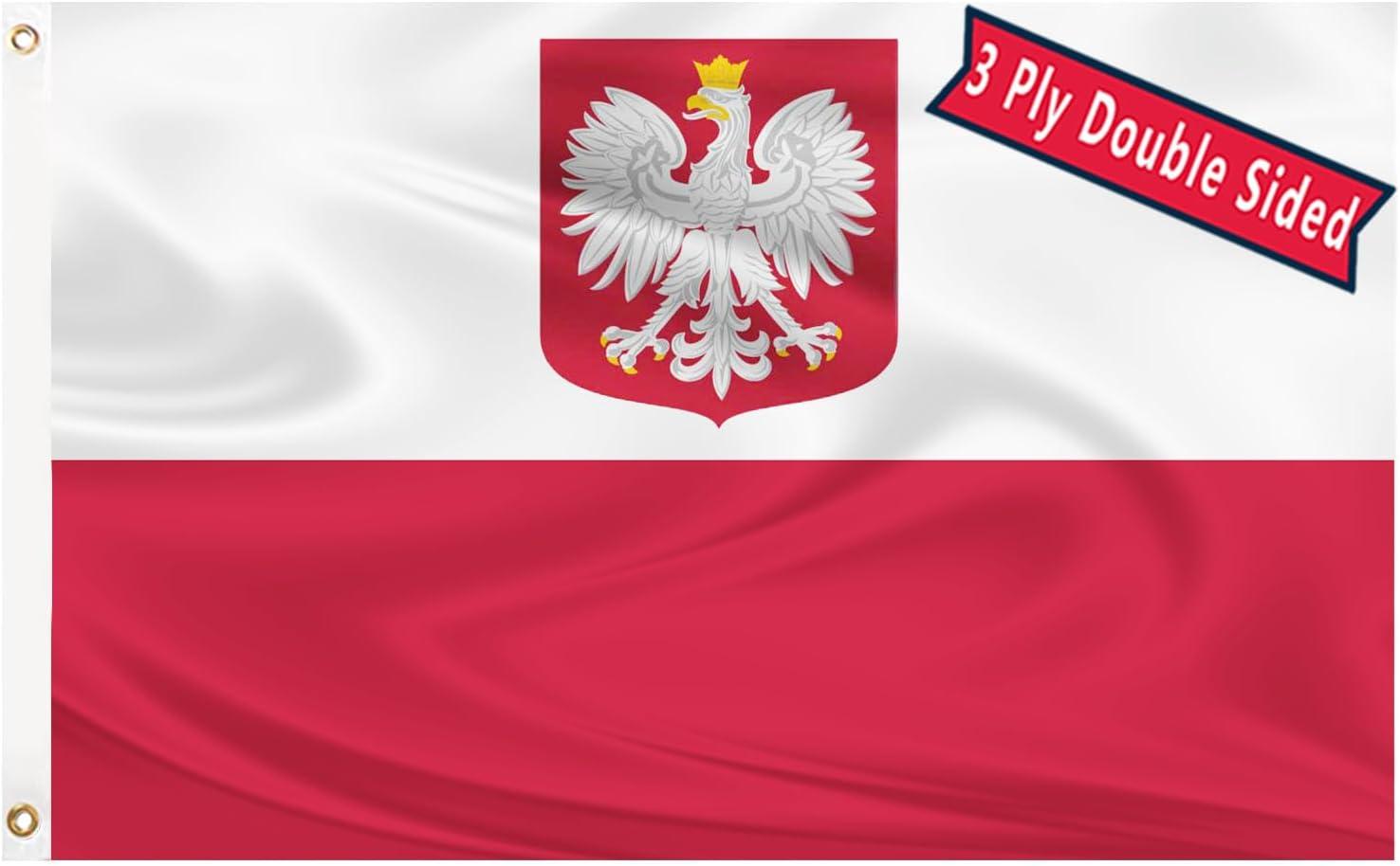 Polish Flag 3x5FT Poland Ensign Flag Double Sided Outdoor Heavy Duty 3 Ply Polyester Material with 2 Metal Grommets, 4 Rows of Stitching