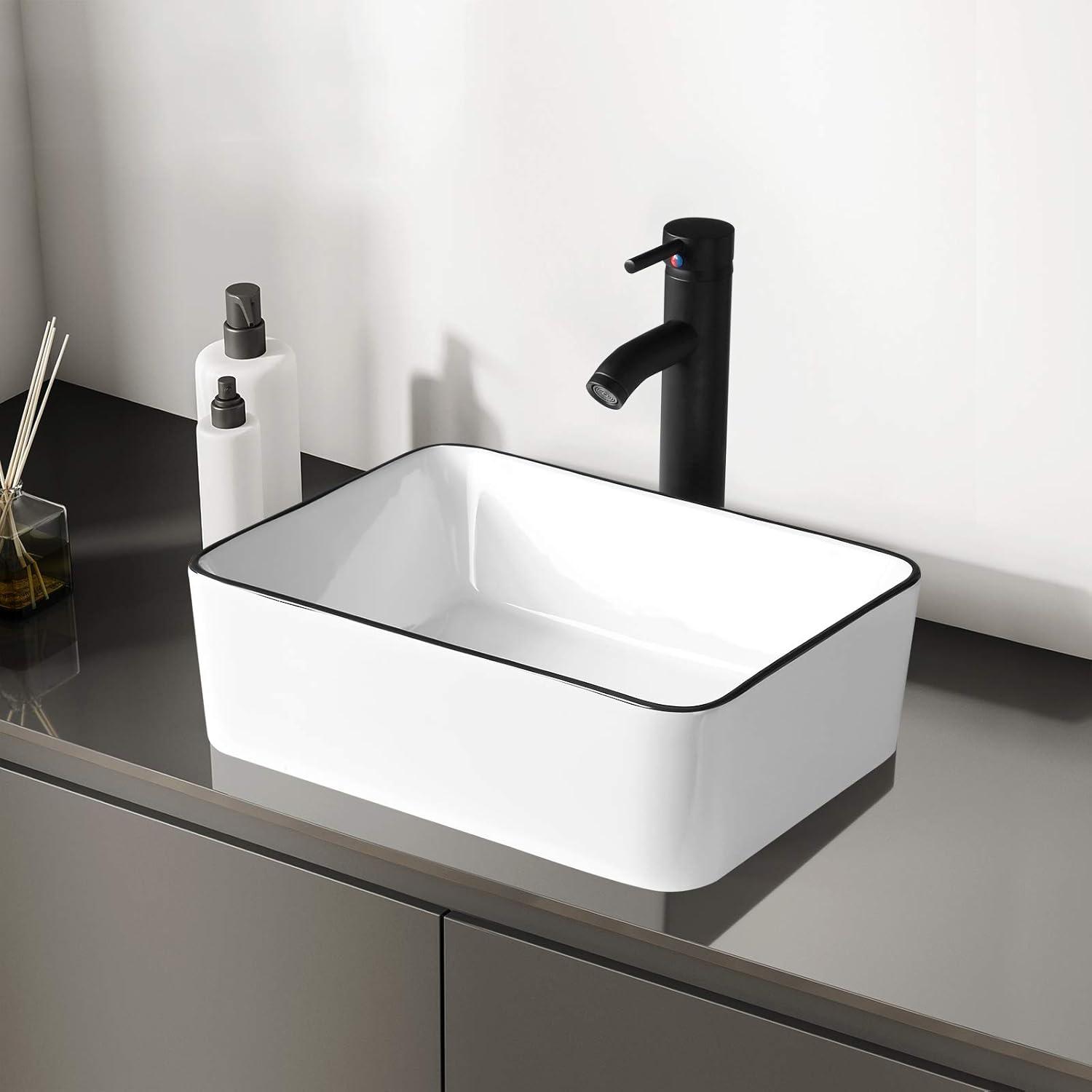 Ceramic Rectangular Bathroom Vessel Sink, Above Counter Vanity Sink with Faucet Combo, White Body with Black Trim on The Top, 16'' x 12''