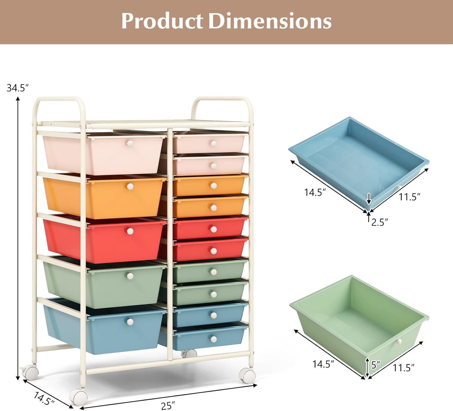 Multicolor 15-Drawer Rolling Storage Cart with Metal Frame