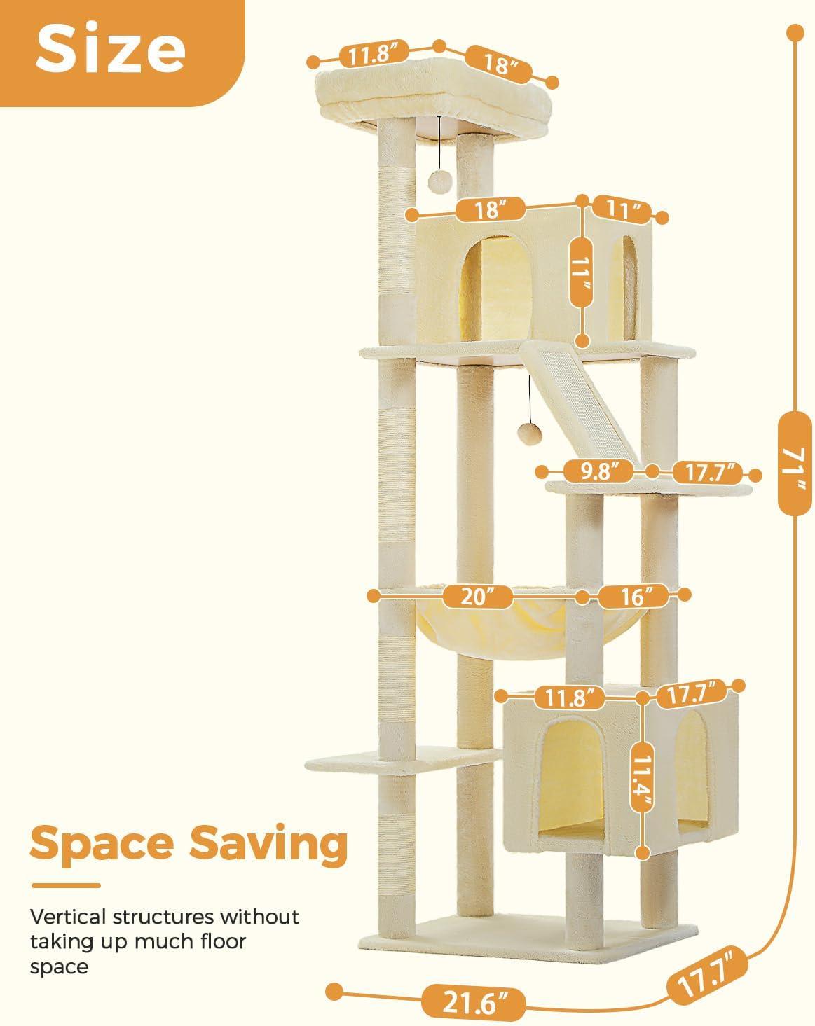 71" Indoor Tall Large Cat Tree Multi-Level Cat House With 2 Big Condo Pad Bed, Cozy Hammock And Scratching Posts