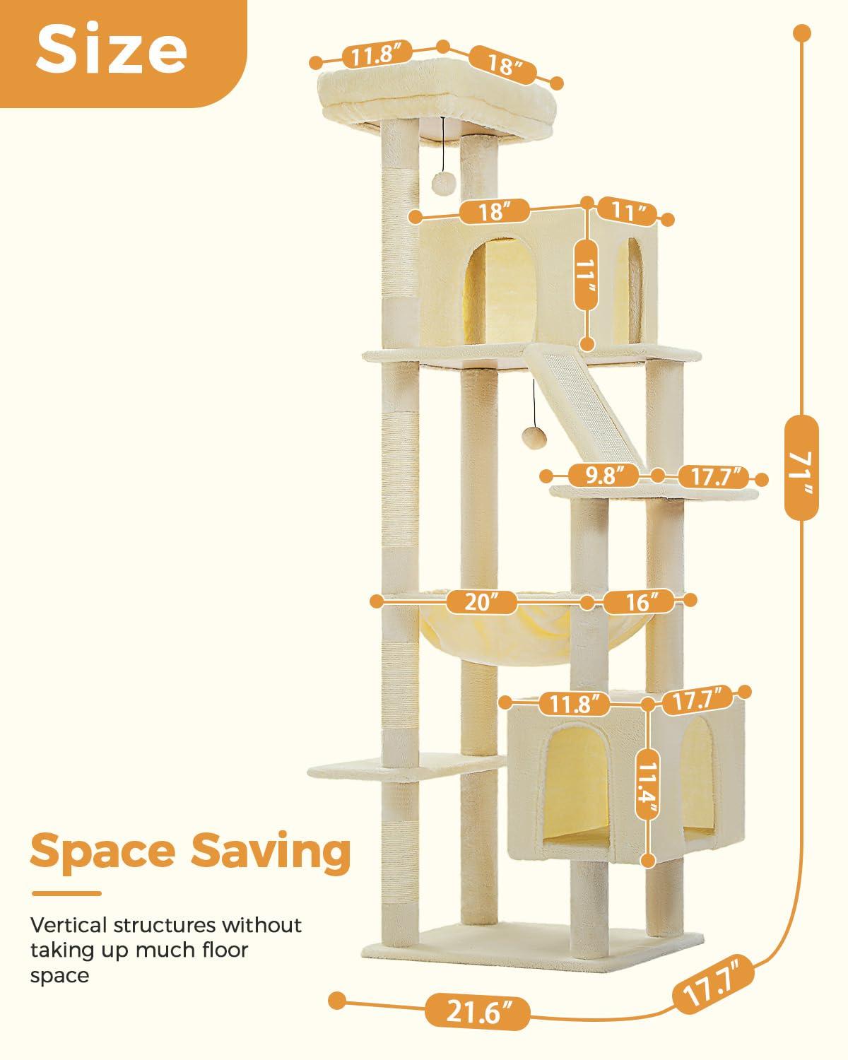 71" Indoor Tall Large Cat Tree Multi-Level Cat House With 2 Big Condo Pad Bed, Cozy Hammock And Scratching Posts