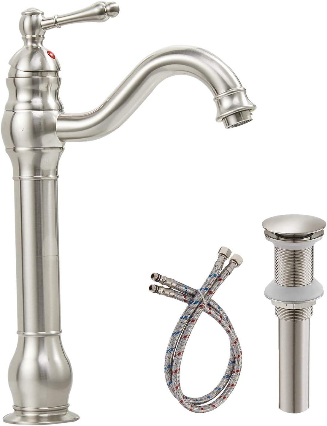 Brushed Nickel Tall Vessel Sink Faucet with Pop Up Drain