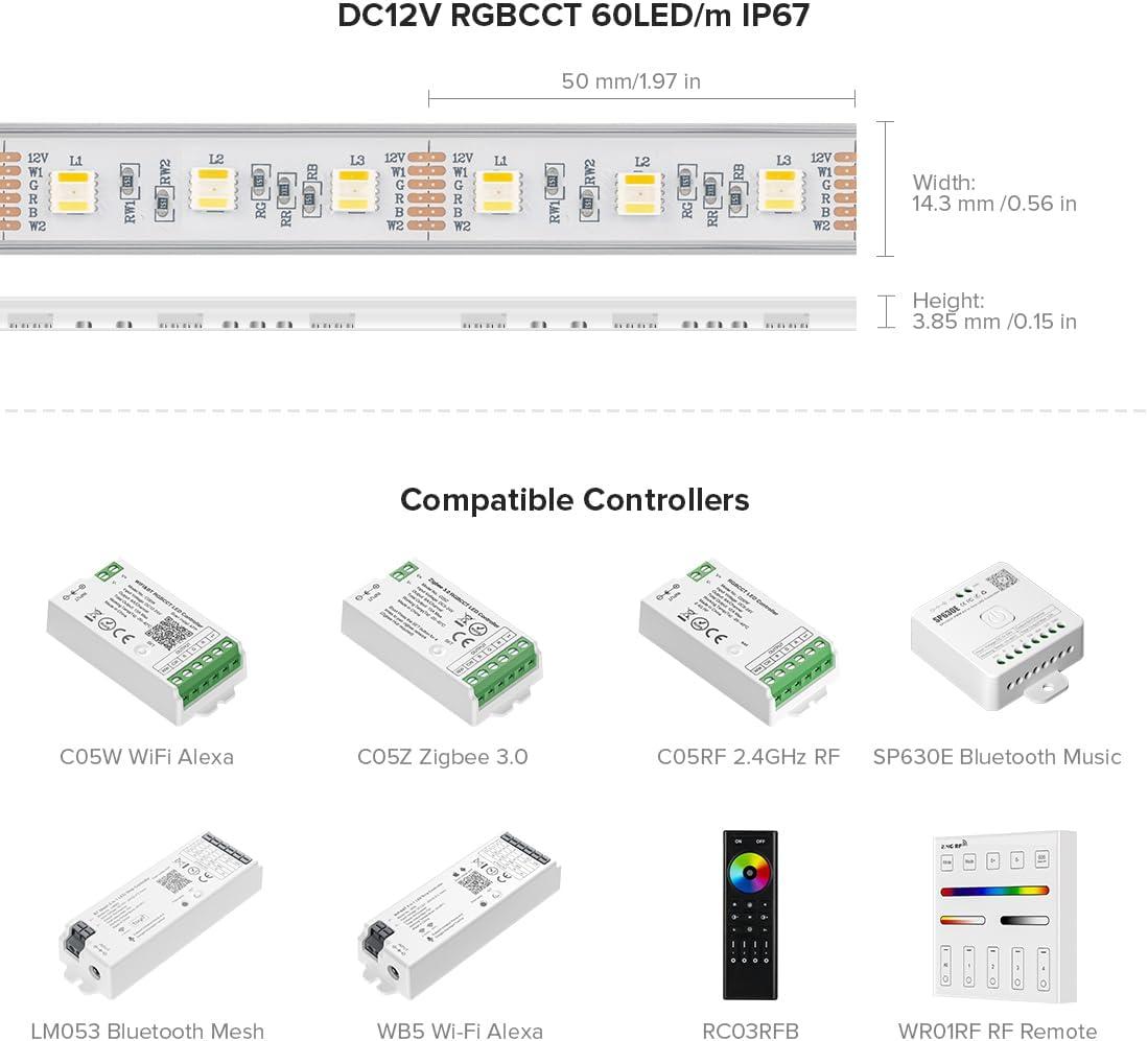 BTF-LIGHTING RGBCCT 5 Colors in 1 LED 5050SMD RGBWW RGB+Dimmable Tunable Color Temperature 2700K-6500K 16.4ft 60LEDs/m 300LEDs DC24V Multi-Colored Tape Lights IP30 White PCB(No Adapter or Controller)