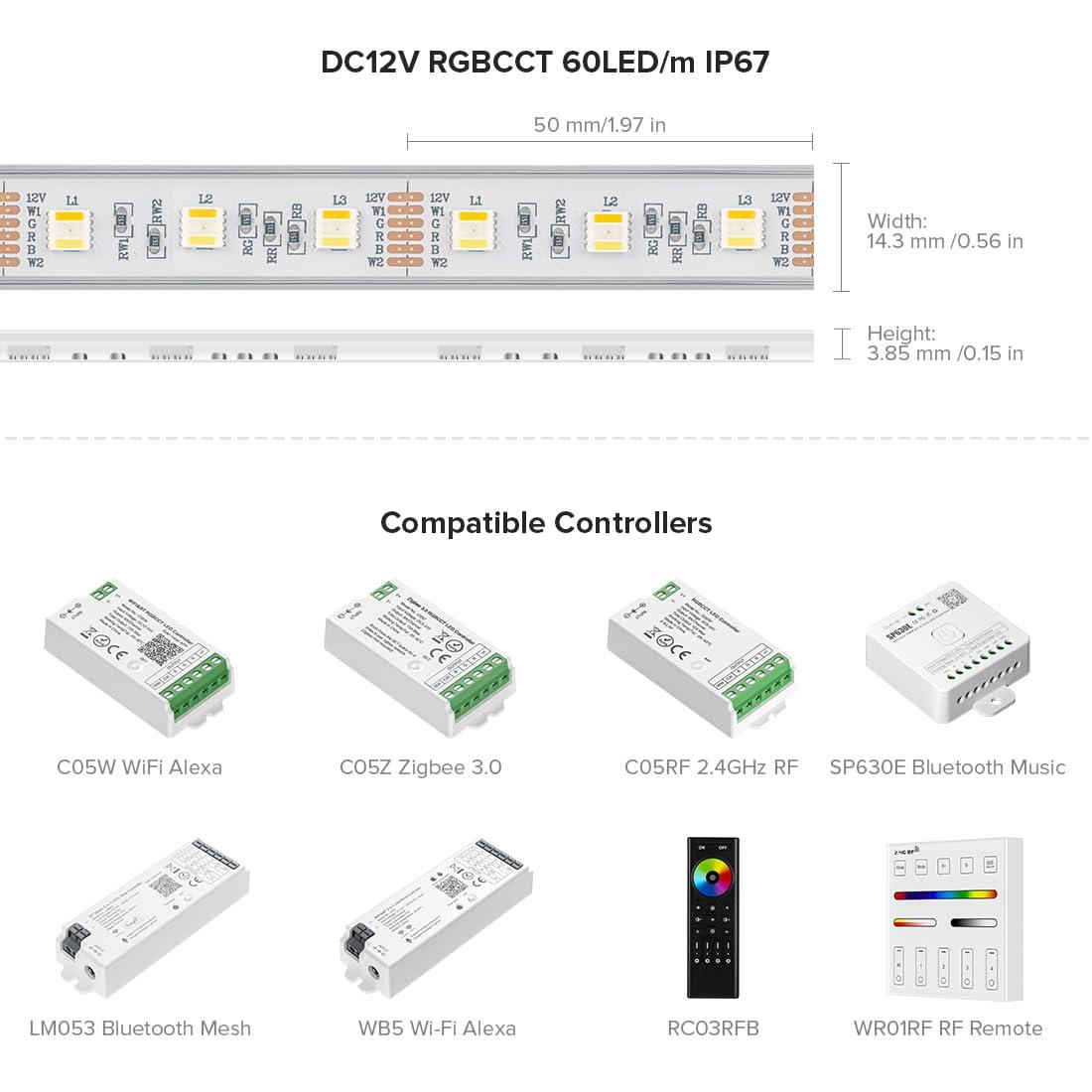 BTF-LIGHTING RGBCCT 5 Colors in 1 LED 5050SMD RGBWW RGB+Dimmable Tunable Color Temperature 2700K-6500K 16.4ft 60LEDs/m 300LEDs DC24V Multi-Colored Tape Lights IP30 White PCB(No Adapter or Controller)