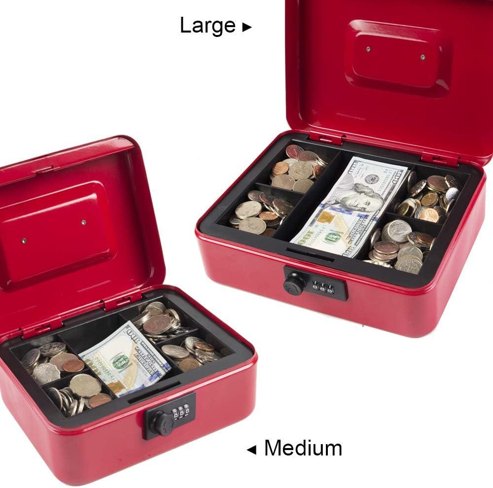 KYODOLED Large Cash Box with Combination Lock Safe Metal Money Box with Money Tray for Security Lock Box 9.84"x 7.87"x 3.54" Red Large