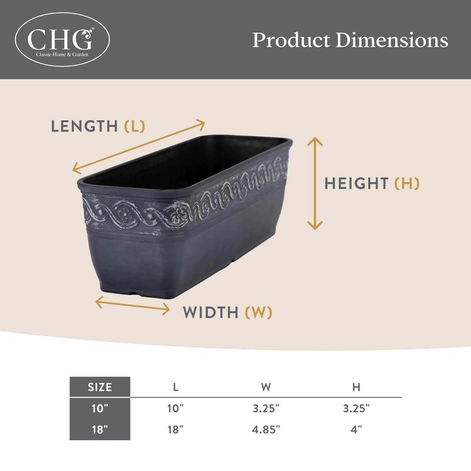 Classic Home and Garden Corinthian Rectangular Planter Box w/Drain Plug - Small Succulent Pots - Shallow Trough Planter for Indoor/Outdoor (10” Storm Gray, Pack of 3)