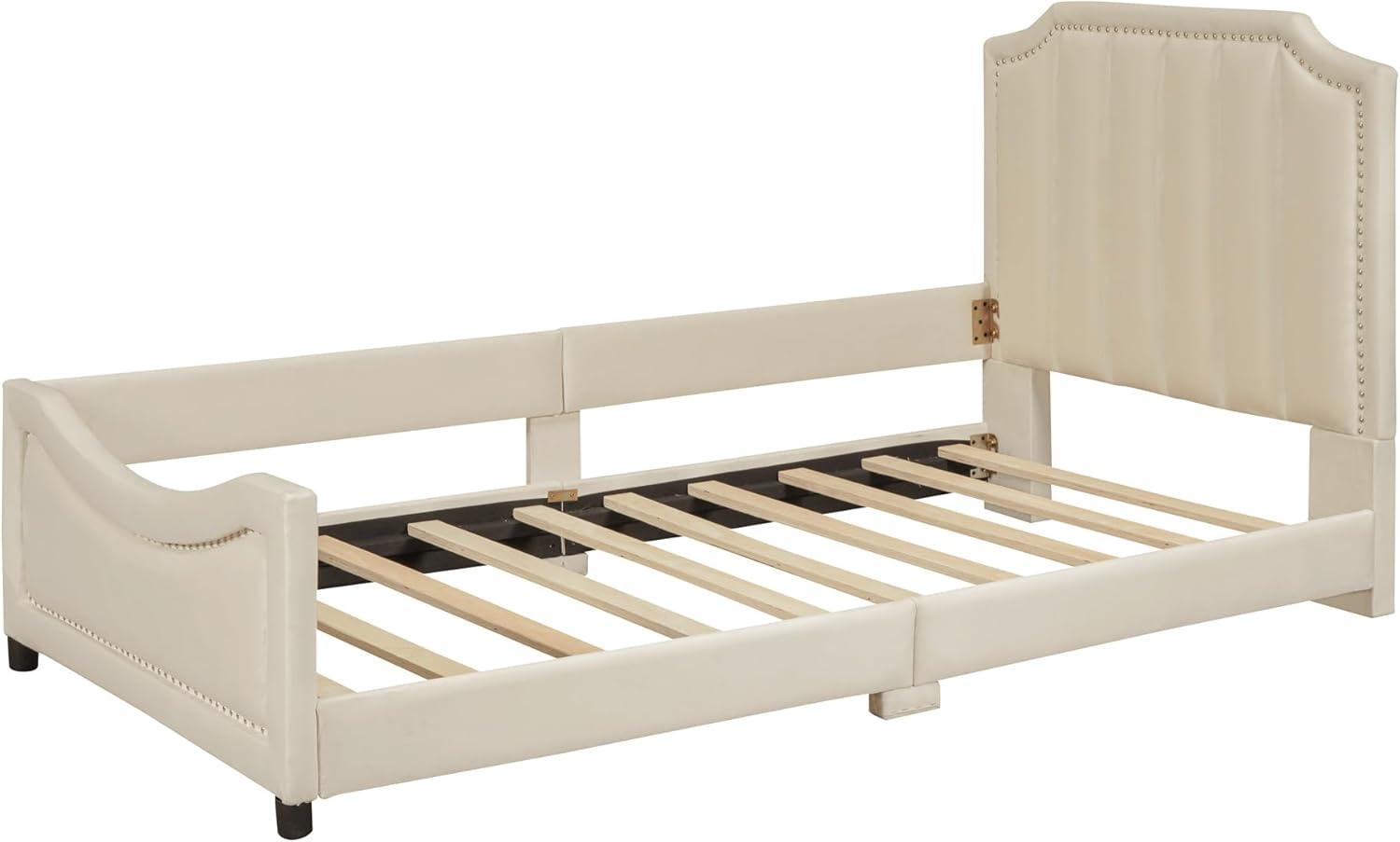 Bellemave Twin Size Upholstered Bed with Belgrave Headboard, Low Platform Bed Frame with Rails, Kids Velvet Daybed with Slats Support for Girls Boys Teens, Beige
