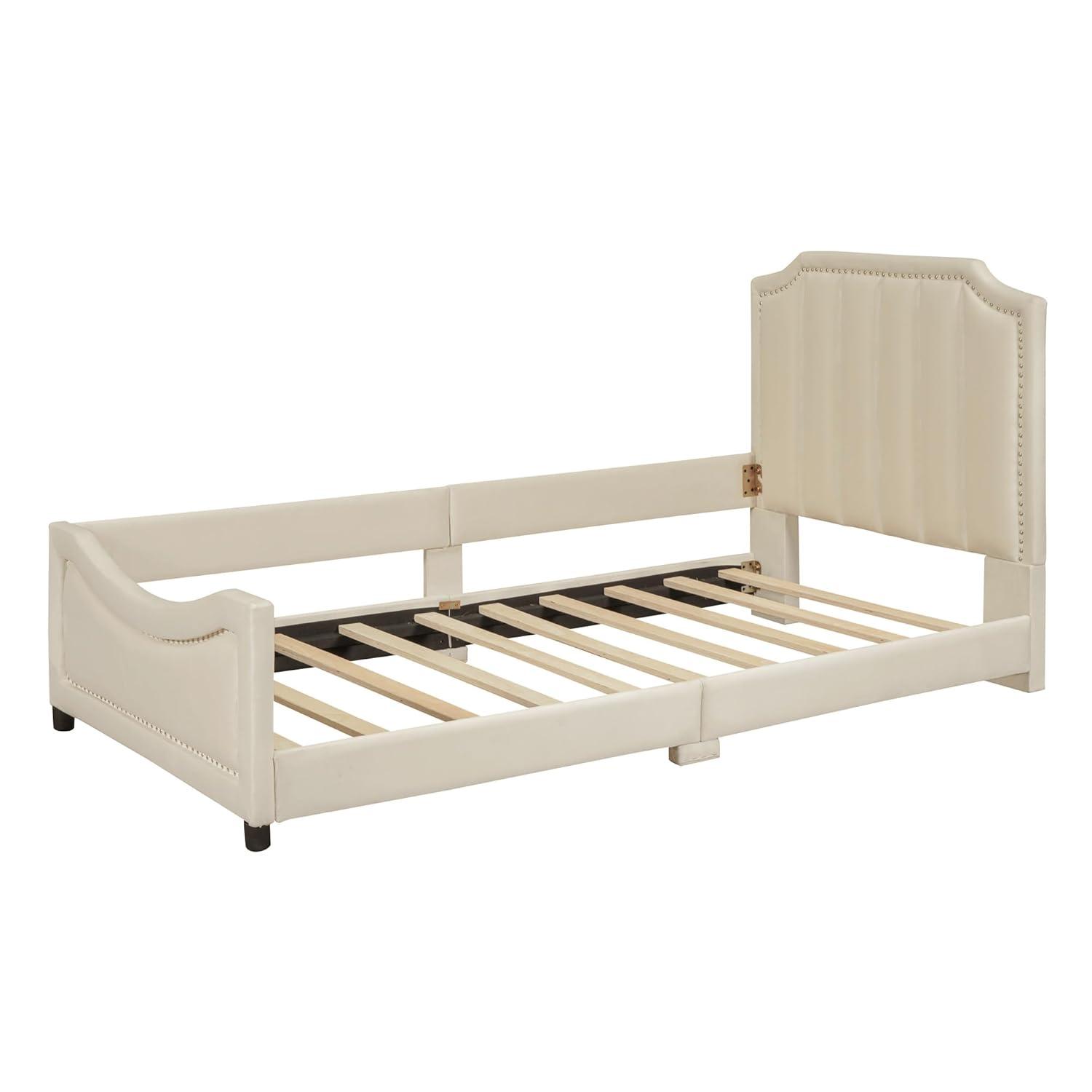 Bellemave Twin Size Upholstered Bed with Belgrave Headboard, Low Platform Bed Frame with Rails, Kids Velvet Daybed with Slats Support for Girls Boys Teens, Beige