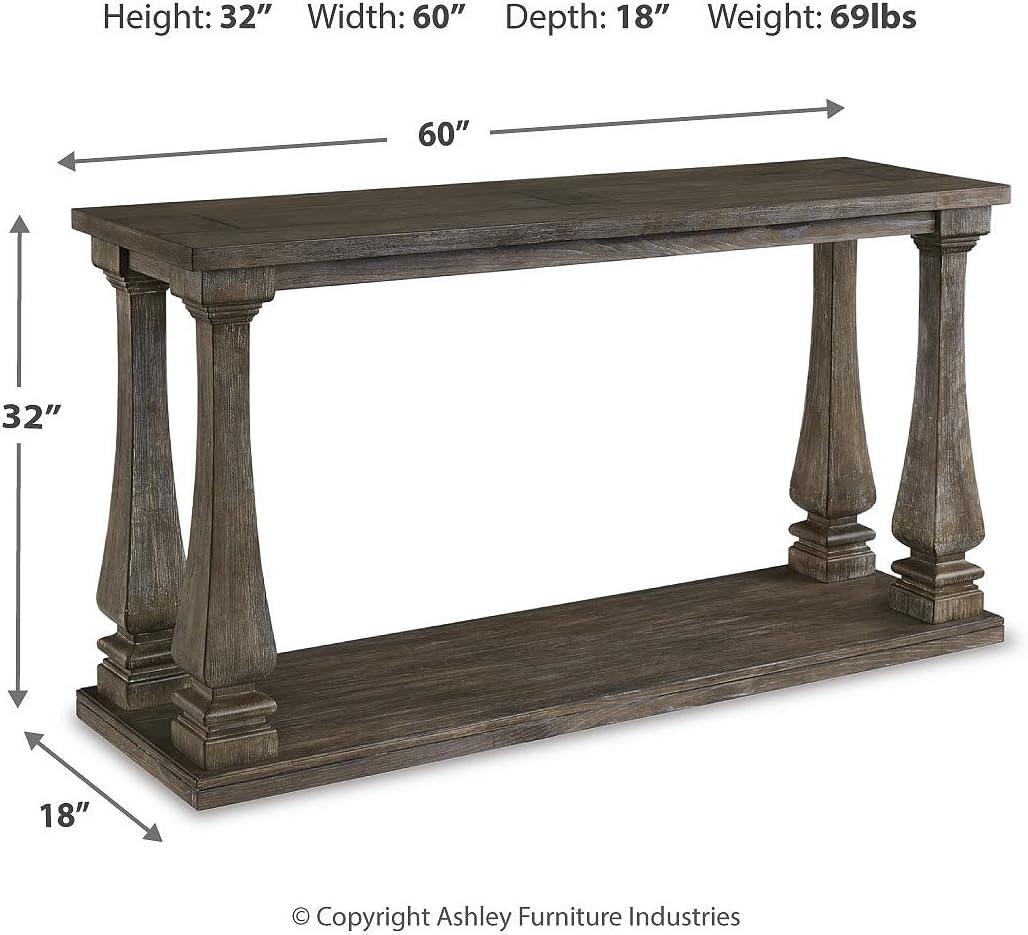 Johnelle Sofa Table Gray: Distressed Elm Veneer, Square Baluster Legs - Signature Design by Ashley