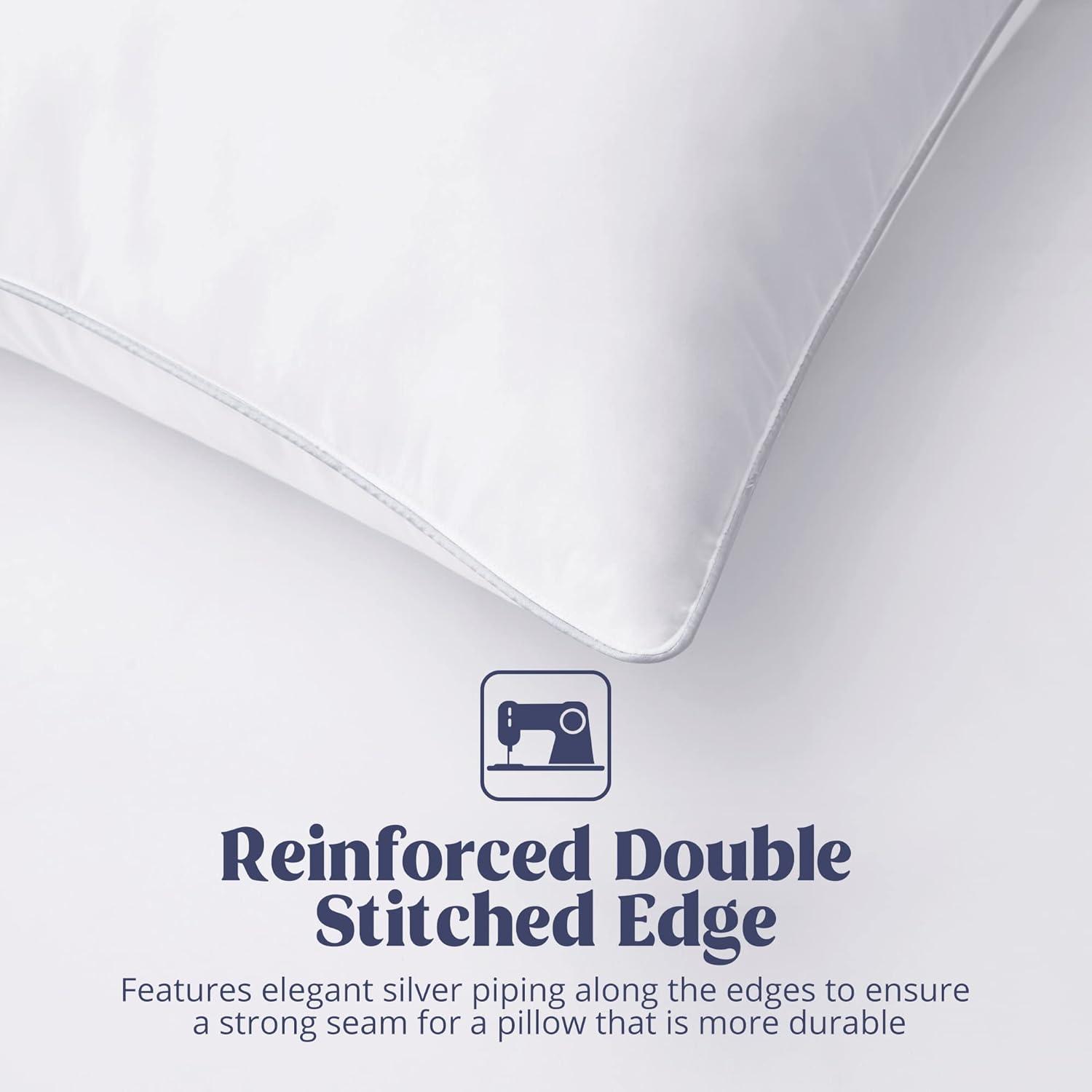puredown® Goose Feathers Bed Pillows, 100% Cotton Cover, Queen Size Hotel Collection Pillows Set of 2 for Sleeping with Silver Piping, Feather and Polyester Filling