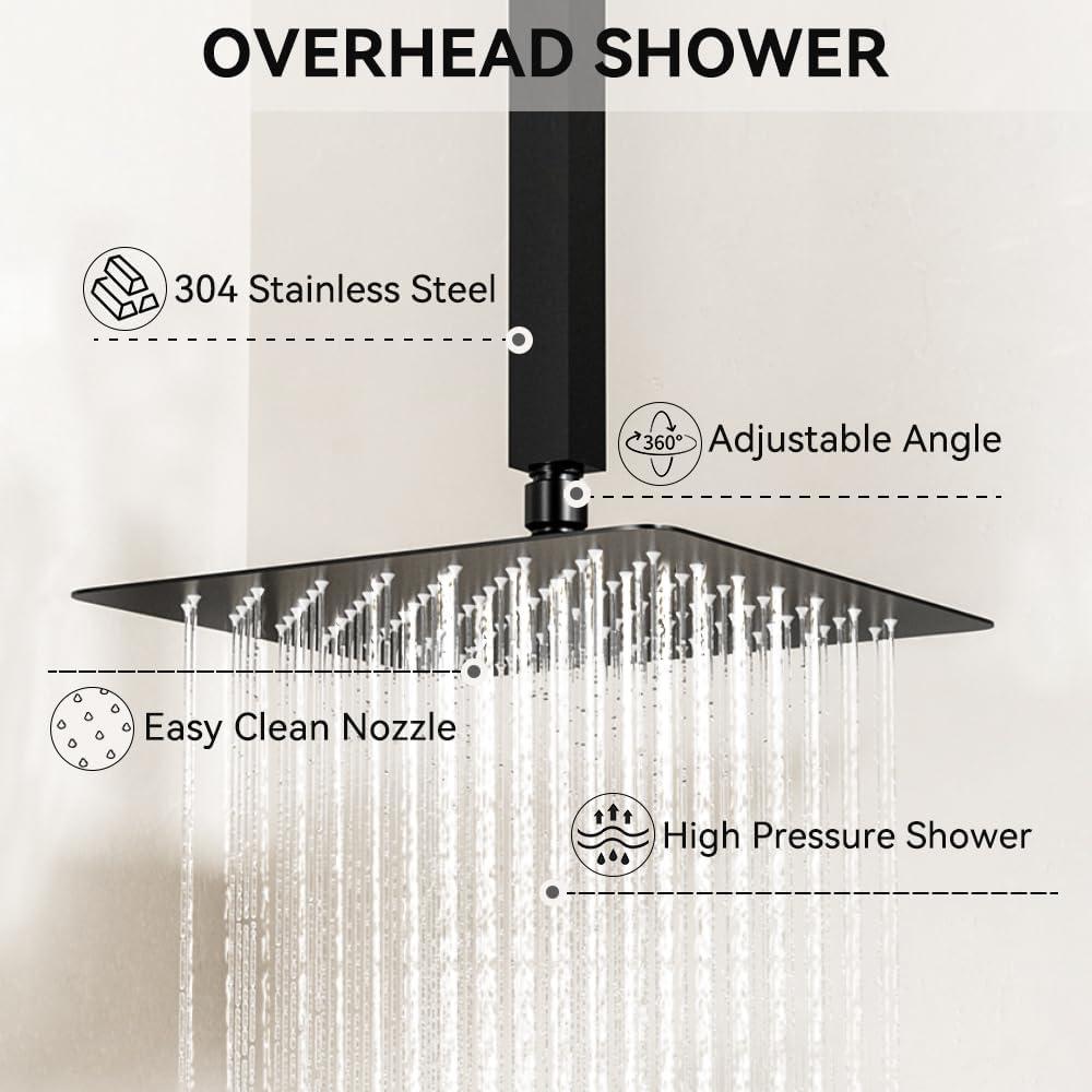 Revitalize 3-Function 12 Inch Wall Mount Rainfall Thermostatic Shower System with 6 Body Jets