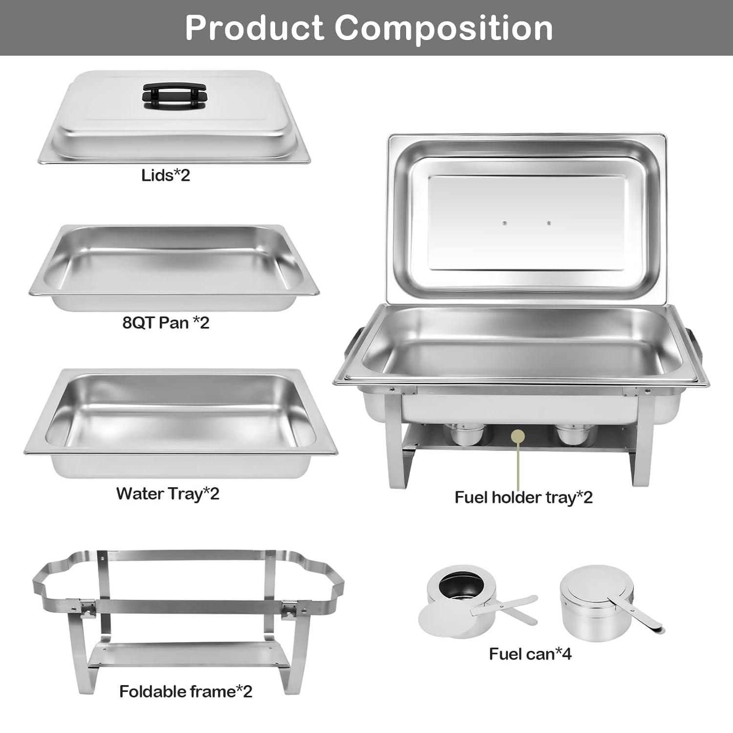 PRIJESSE Chafing Dish Buffet Set 2 PACK, 8 QT Stainless Steel Rectangular Chafing Dishes FULL PAN for Buffet, Warmers Sets for Parties, Events, Wedding, Camping, Dinner