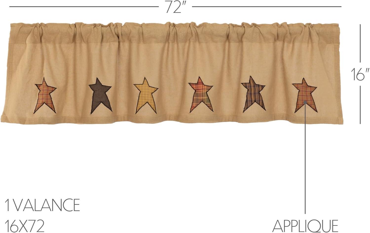 VHC Brands Stratton Primitive 16"x72" Stars Valance Tan Rod Pocket Appliqued Cotton Burlap Kitchen Window Curtains