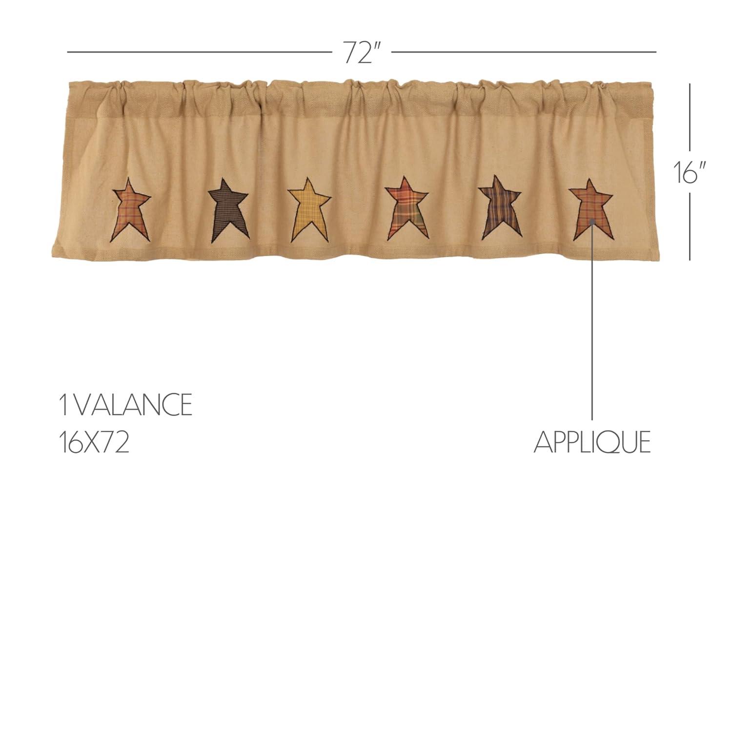 VHC Brands Stratton Primitive 16"x72" Stars Valance Tan Rod Pocket Appliqued Cotton Burlap Kitchen Window Curtains