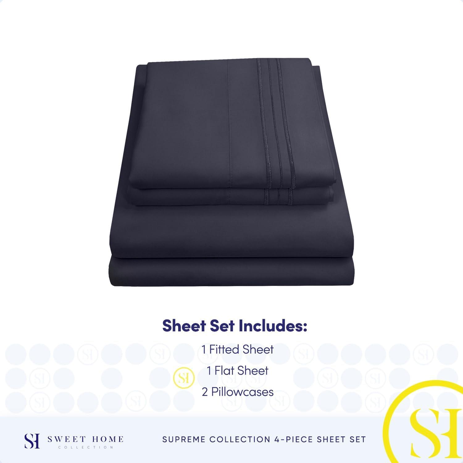 Sweet Home Collection 1800 Series Bed Sheets - Extra Soft Microfiber Deep Pocket Sheet Set - Navy, Queen