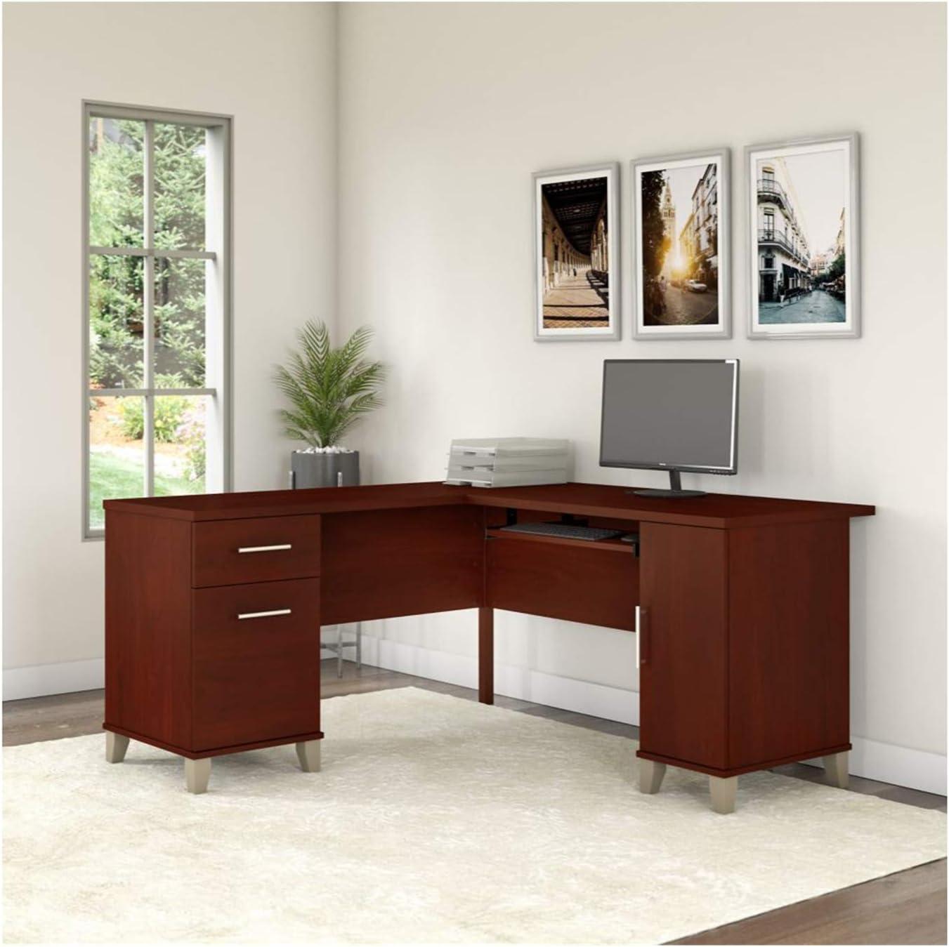 Bush Furniture Somerset 60" L Shaped Desk with Storage, Sand Oak