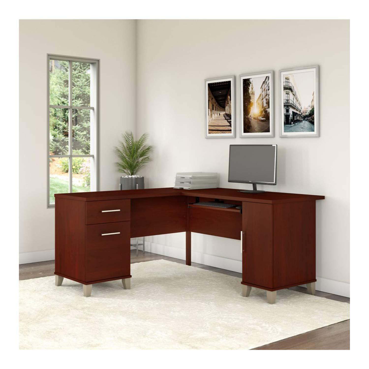 Bush Furniture Somerset 60 in L Desk with Keyboard Tray, File Drawer, Box Drawer and Storage Cabinet in Ash Gray (Ships in 2 Boxes)