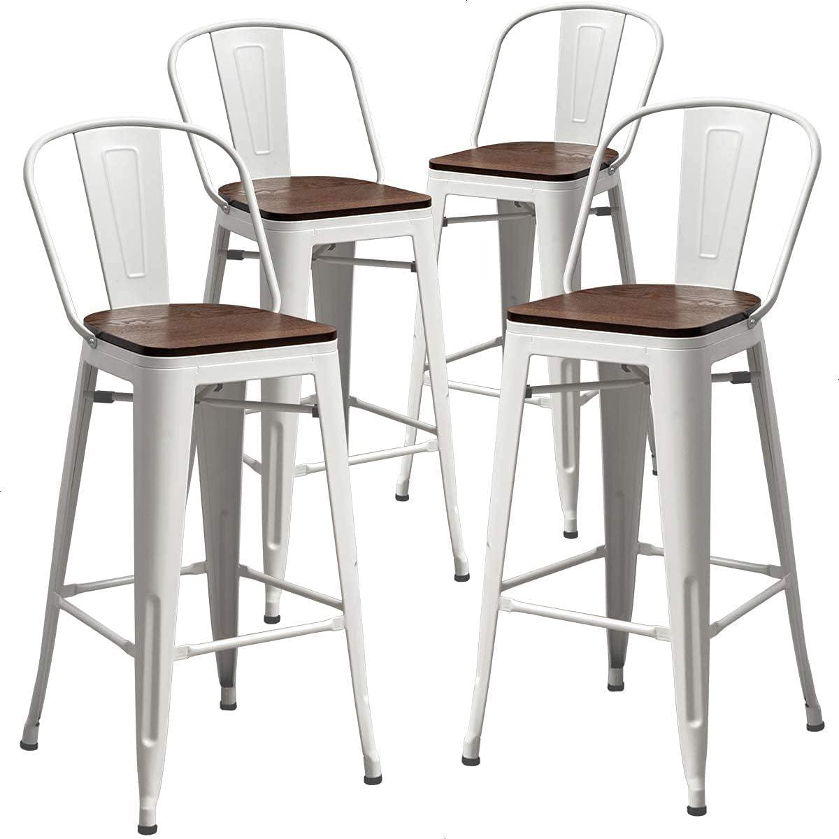 Bar Stools Set of 4 Metal Bar Stool Counter Height Bar Stools White, Modern Bar Chairs with Back and Wooden Platform 30" Bar Stools Counter Height