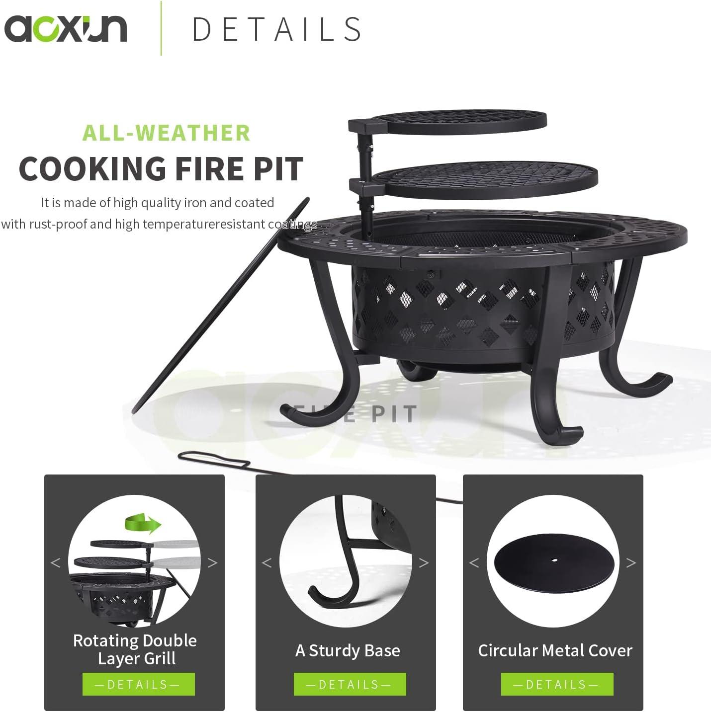 28" Black Round Wood Burning Fire Pit with Double Grill