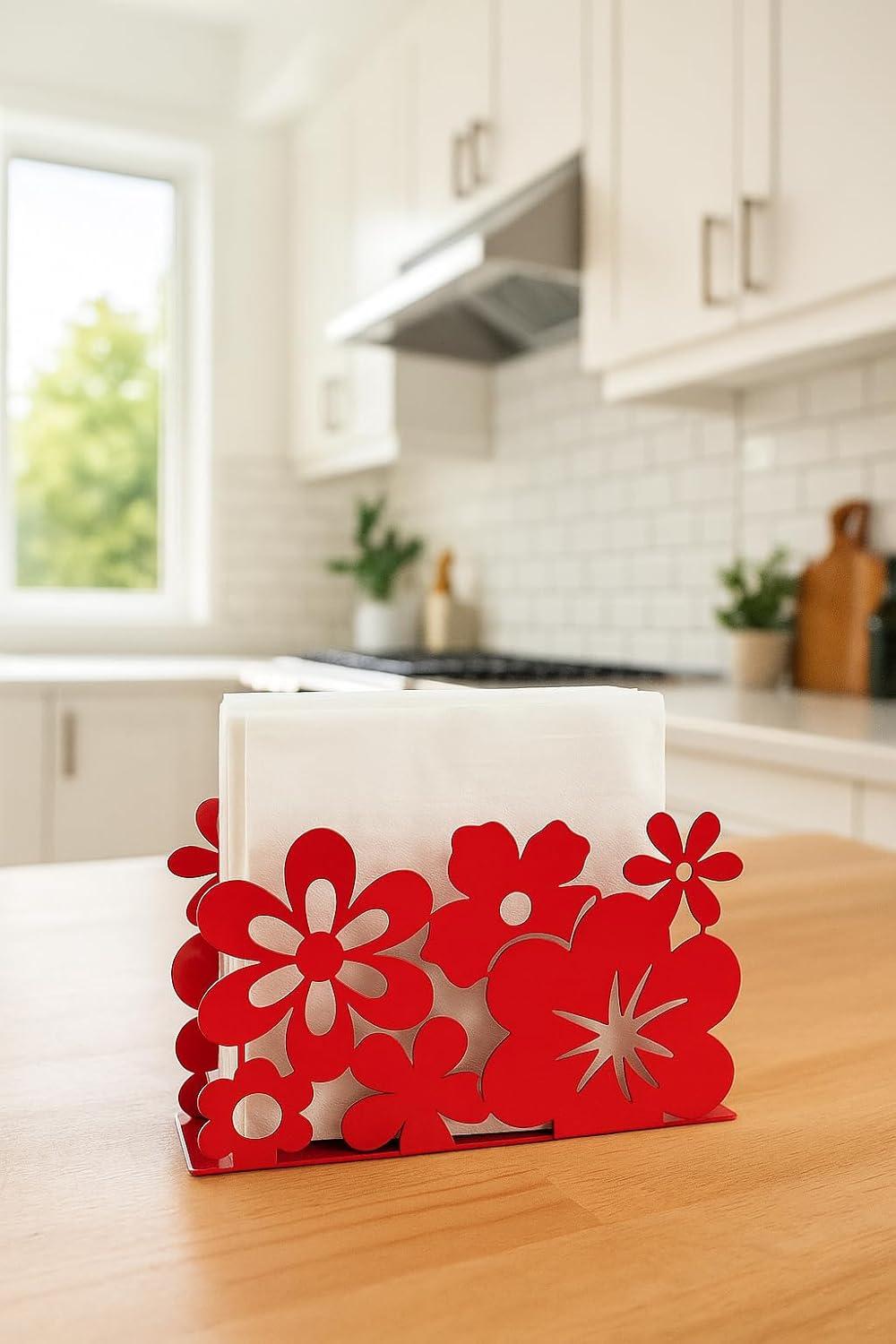 Mango Steam Metal Tabletop Napkin & Letter Holder Flower, Red (6" L x 1.75" W x 4" H)