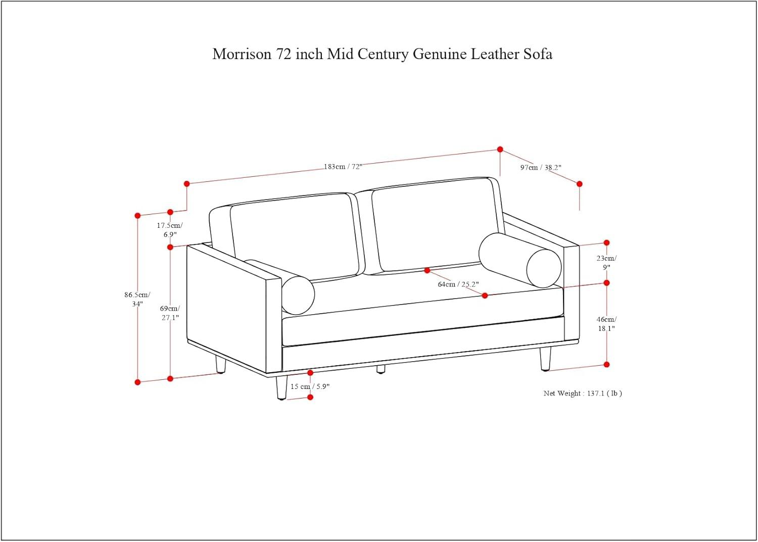 Simpli Home Morrison Mid-Century Modern 72 inch Wide Sofa in Caramel Brown Genuine Leather