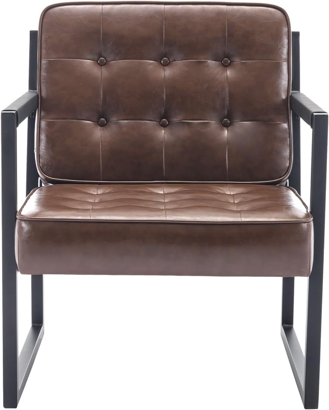 COLAMY Mid Century Modern Accent Chair, Comfy Living Room Chairs, Brown Leather Accent Chair, Faux Leather Reception Armchair with Metal Legs for Living Room Bedroom Reception Waiting Room, Brown