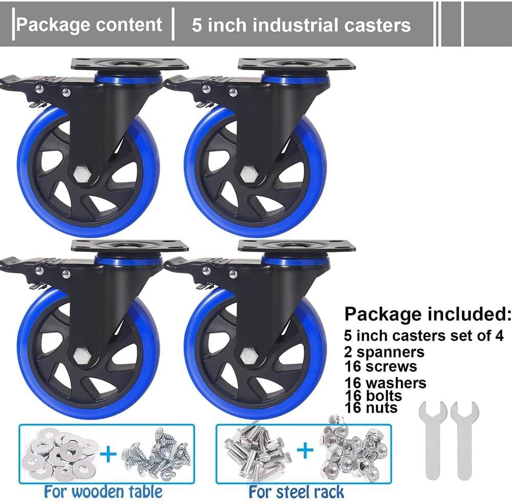 5 Inch Caster Wheels 2400Lbs, Castors Set of 4, Heavy Duty Casters with Brake, Safety Dual Locking Industrial Casters, No Noise Wheels with Polyurethane Foam (Two Hardware Kits Included)