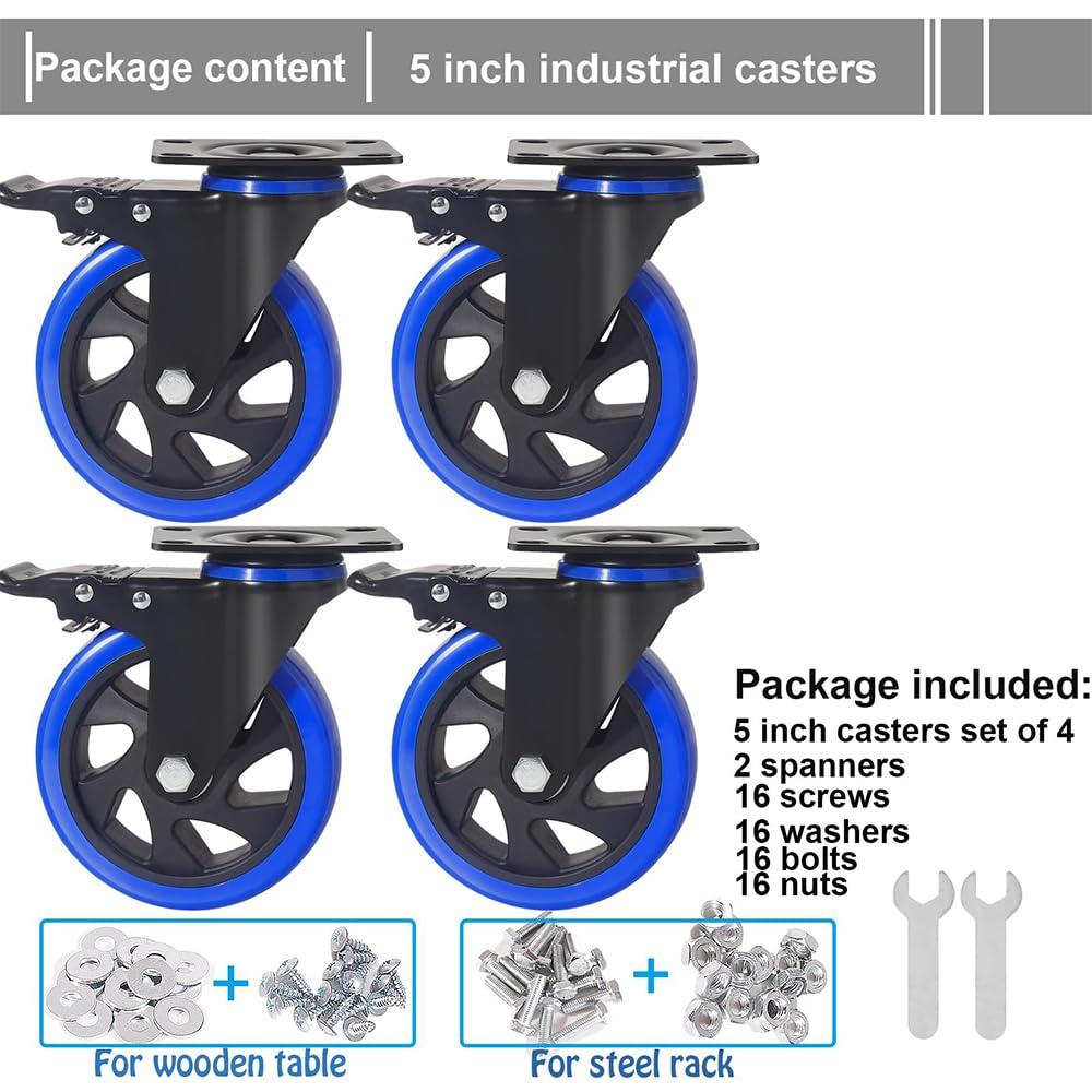 5 Inch Caster Wheels 2400Lbs, Castors Set of 4, Heavy Duty Casters with Brake, Safety Dual Locking Industrial Casters, No Noise Wheels with Polyurethane Foam (Two Hardware Kits Included)