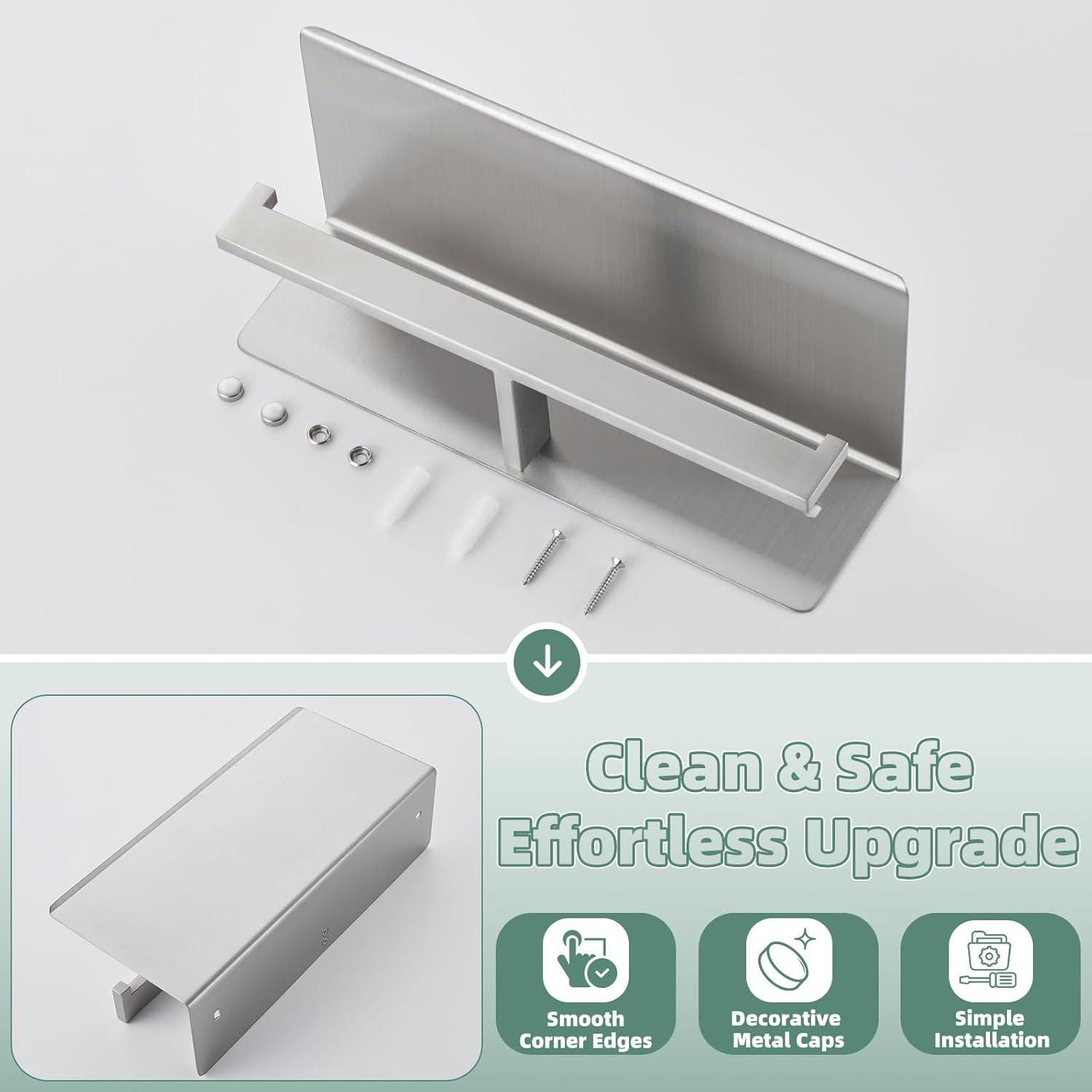 Double Toilet Paper Holder with Shelf Brushed Nickel, Modern Bathroom Accessories SUS 304 Stainless Steel Commercial Tissue Roll Dispenser Mobile Phone Storage Rack Handy Use