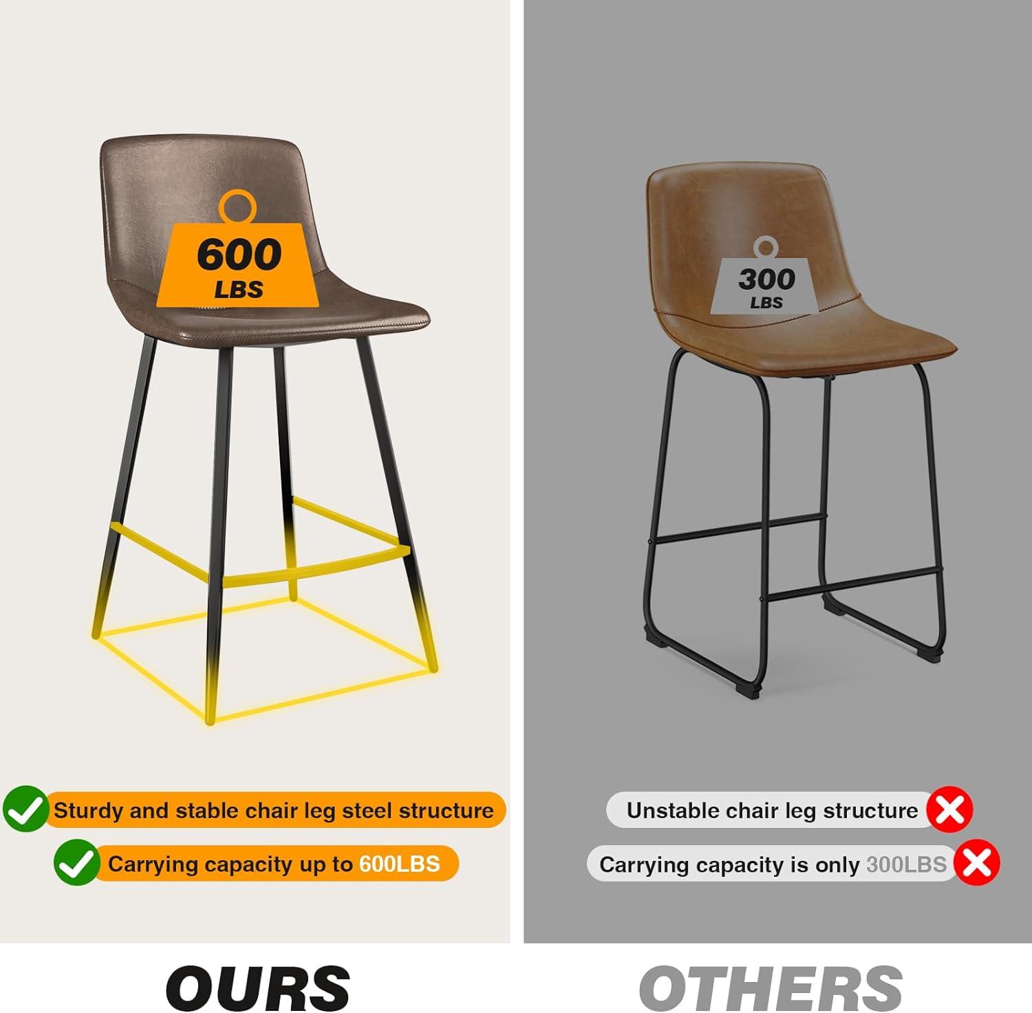 Brown Leather Saddle Style Counter Stools with Steel Legs, Set of 3