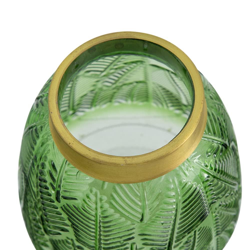 A&B Home Glass Vase with Vintage Green Leaf Pattern, Table Accent, 6 inches