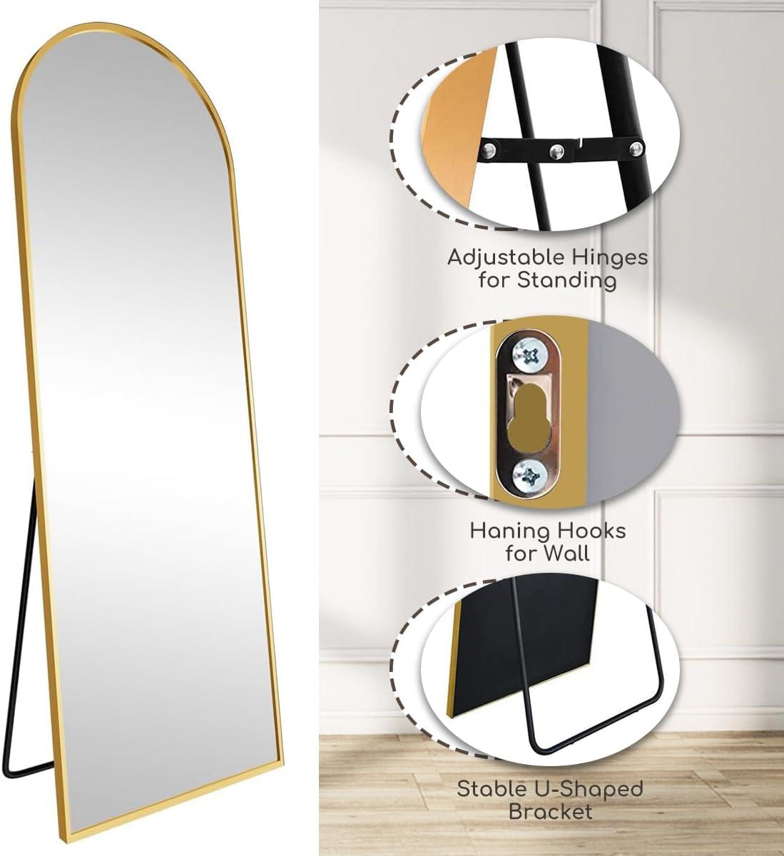 GLSLAND Full Length Mirror Arch Standing Floor Mirror, 64"x21" Arched Wall Mirror, Gold