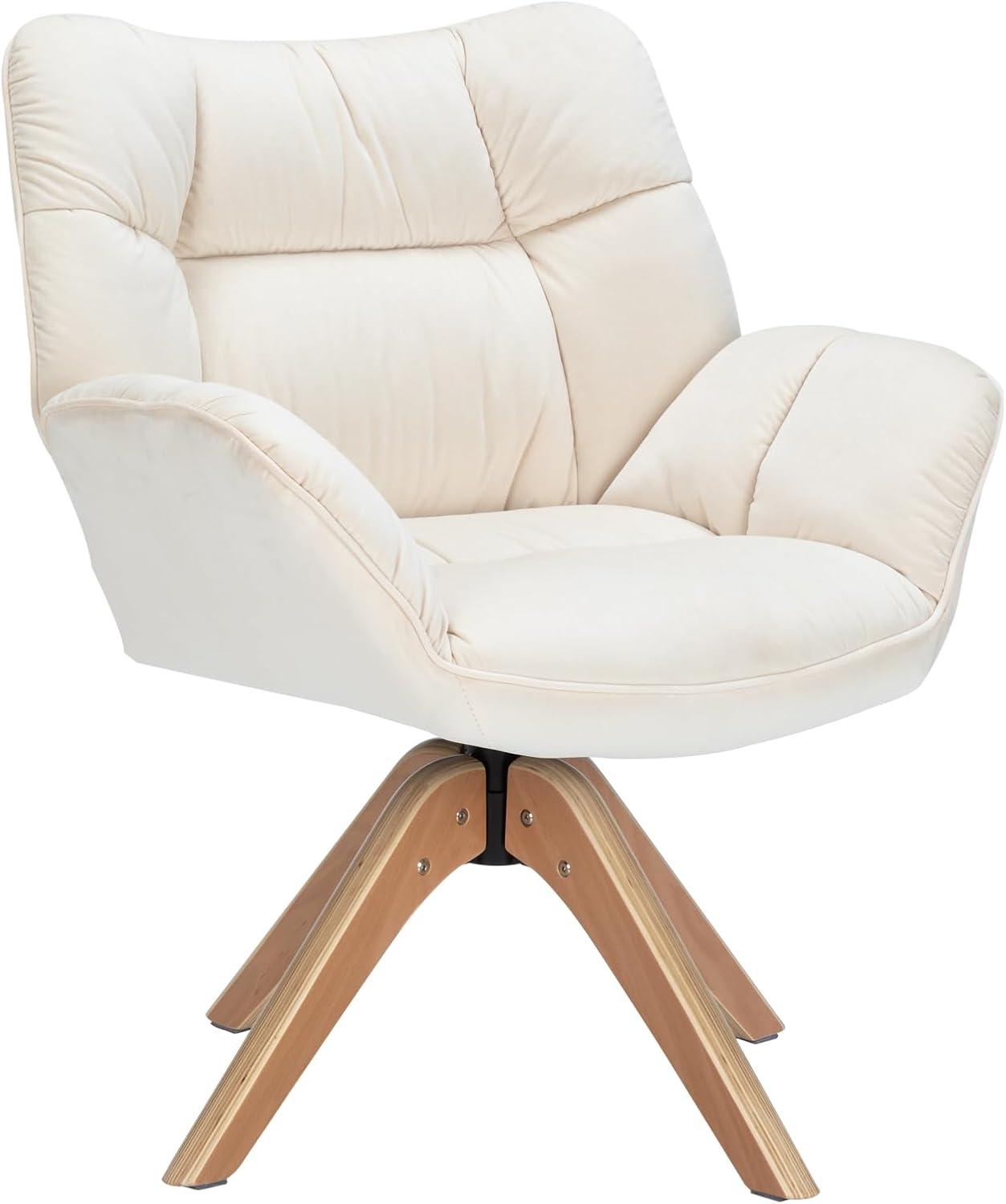 Beige Upholstered Accent Chair with Wood Legs