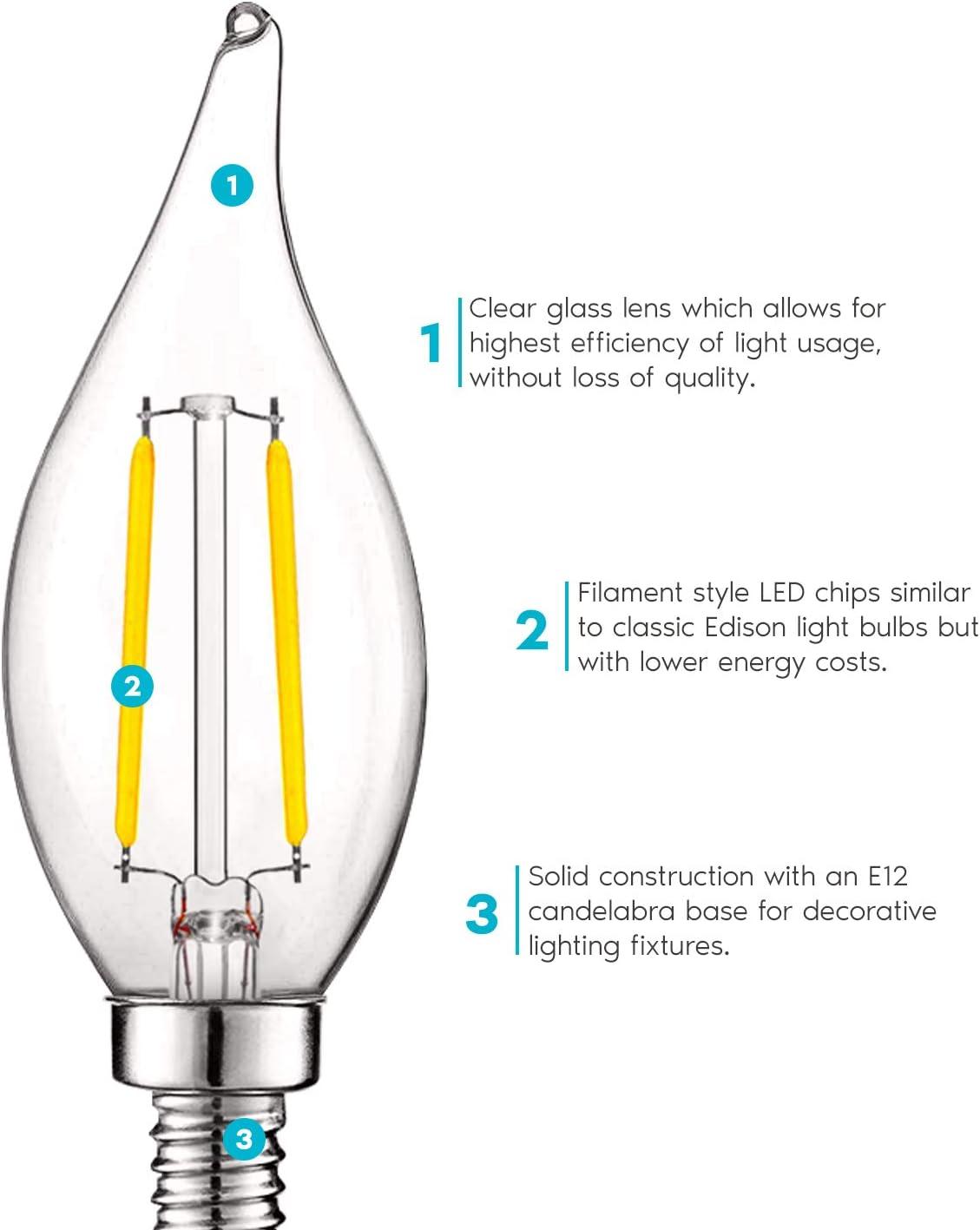 Luxrite 4W E12 Vintage Candelabra Dimmable LED Light Bulbs, 40W Equivalent 400 Lumens, 4000K Cool White, Flame Tip, 24-Pack