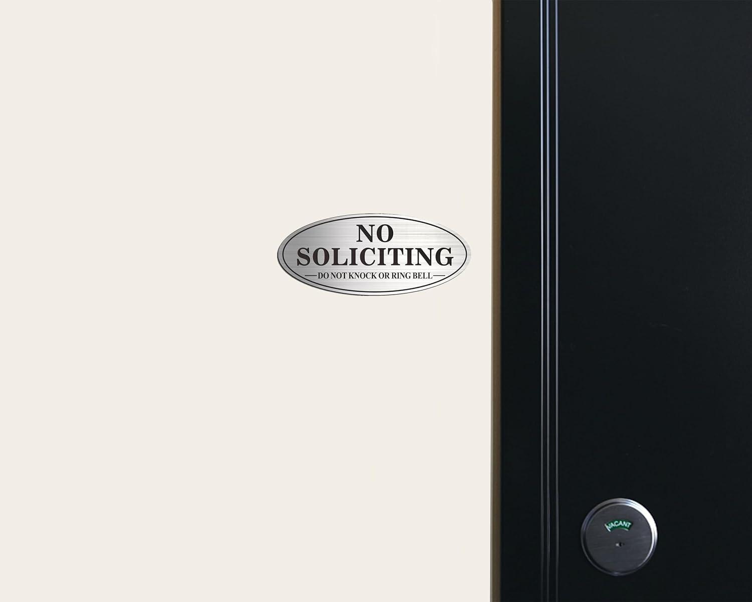 No Soliciting Sign, No Solicitors Sign for Front Door, 2 Pack Self-Adhesive Aluminum Metal No Solitation Do Not Knock or Ring Bell Sign, 7.0 x 3.0 inches Weather Resistant Signs for Home Doorbell Busi