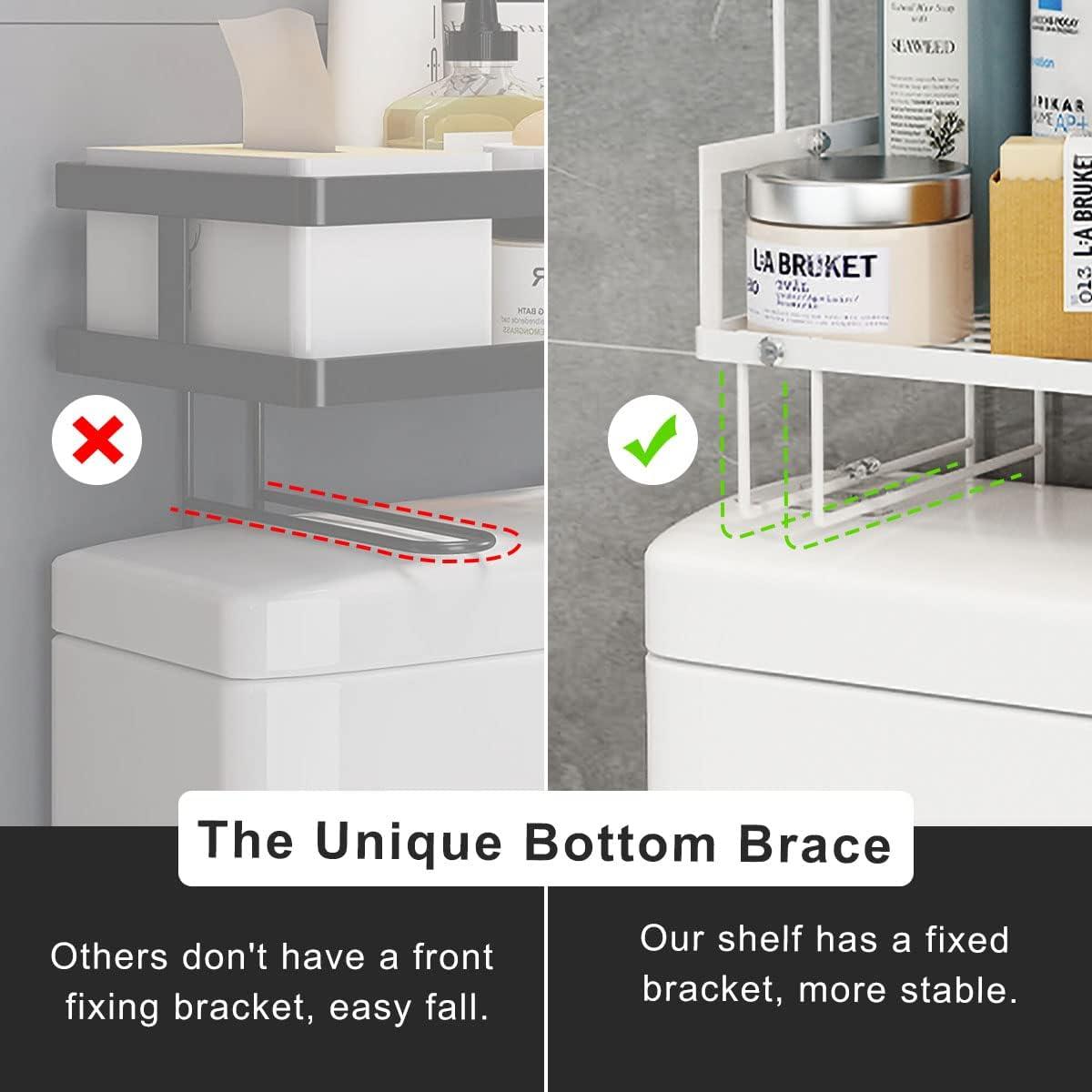 FLOLXNB Over The Toilet Storage Shelf, 2-Tier Bathroom Storage Organizer Upgrade Punch-Free Toliet Storage Shelf, Home Storage Rack with Hooks Shelf,White C30