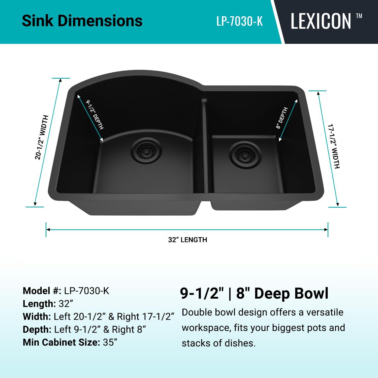 32" x 20" Quartz Kitchen Sink, 70/30 Double Bowl Sink, Drop-in Sink, Undermount Sink, Granite Kitchen Sink, with 2 Steel Grids and Basket Strainer, Disposal Flange