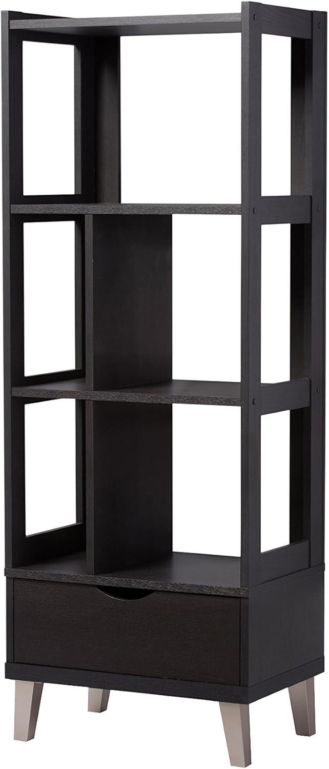 Kalien 63" Dark Brown Wood Leaning Ladder Bookcase