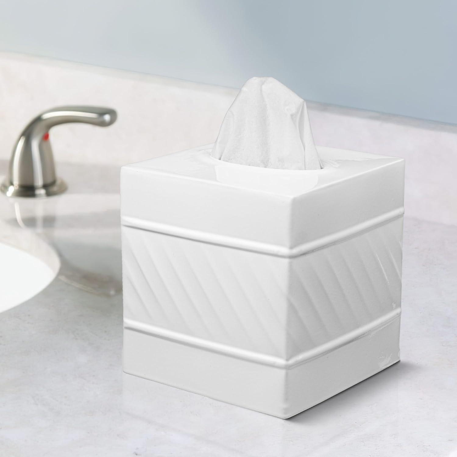 White Wave Embossed Metal Square Tissue Box Cover